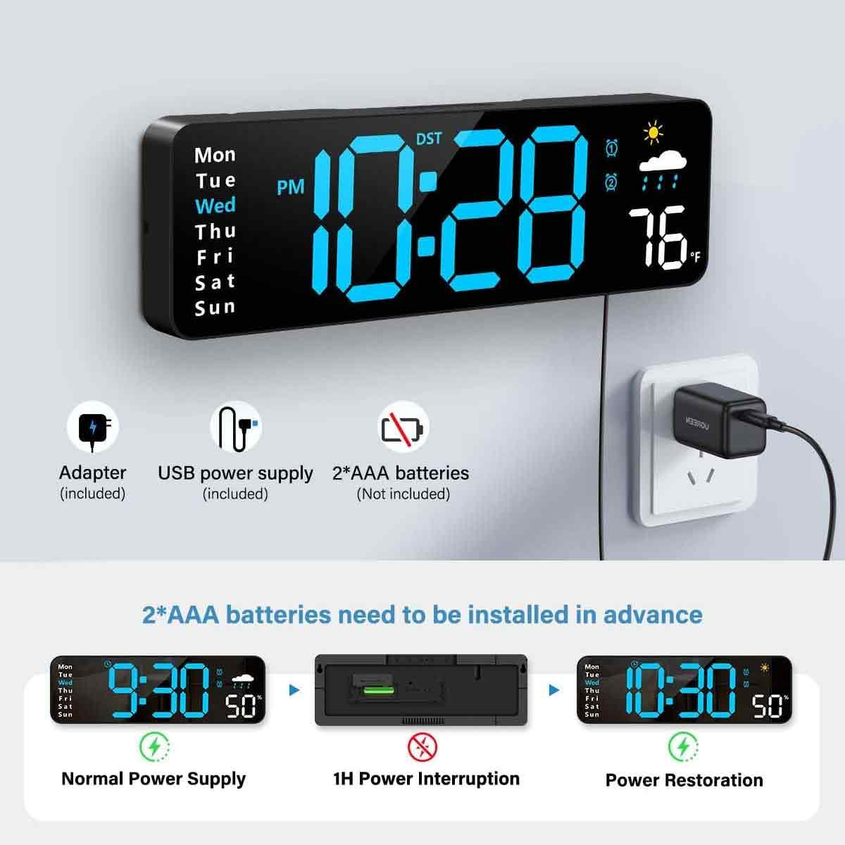 Digitale LED-Wanduhr mit USB-Kabel, Steckdosenadapter und Batterie-Backup für Stromausfälle.