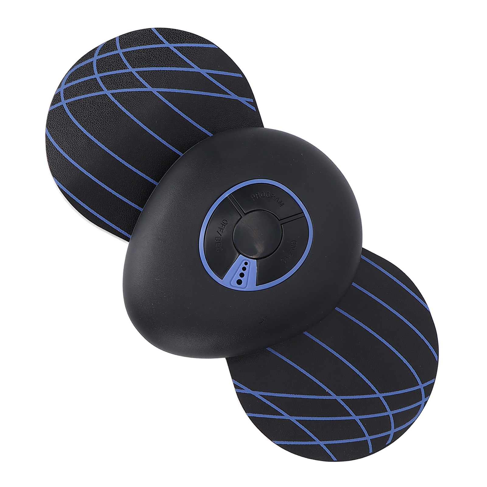 Ein schwarzes EMS-Massagegerät mit zwei runden Elektrodenpads mit blauen Linien.