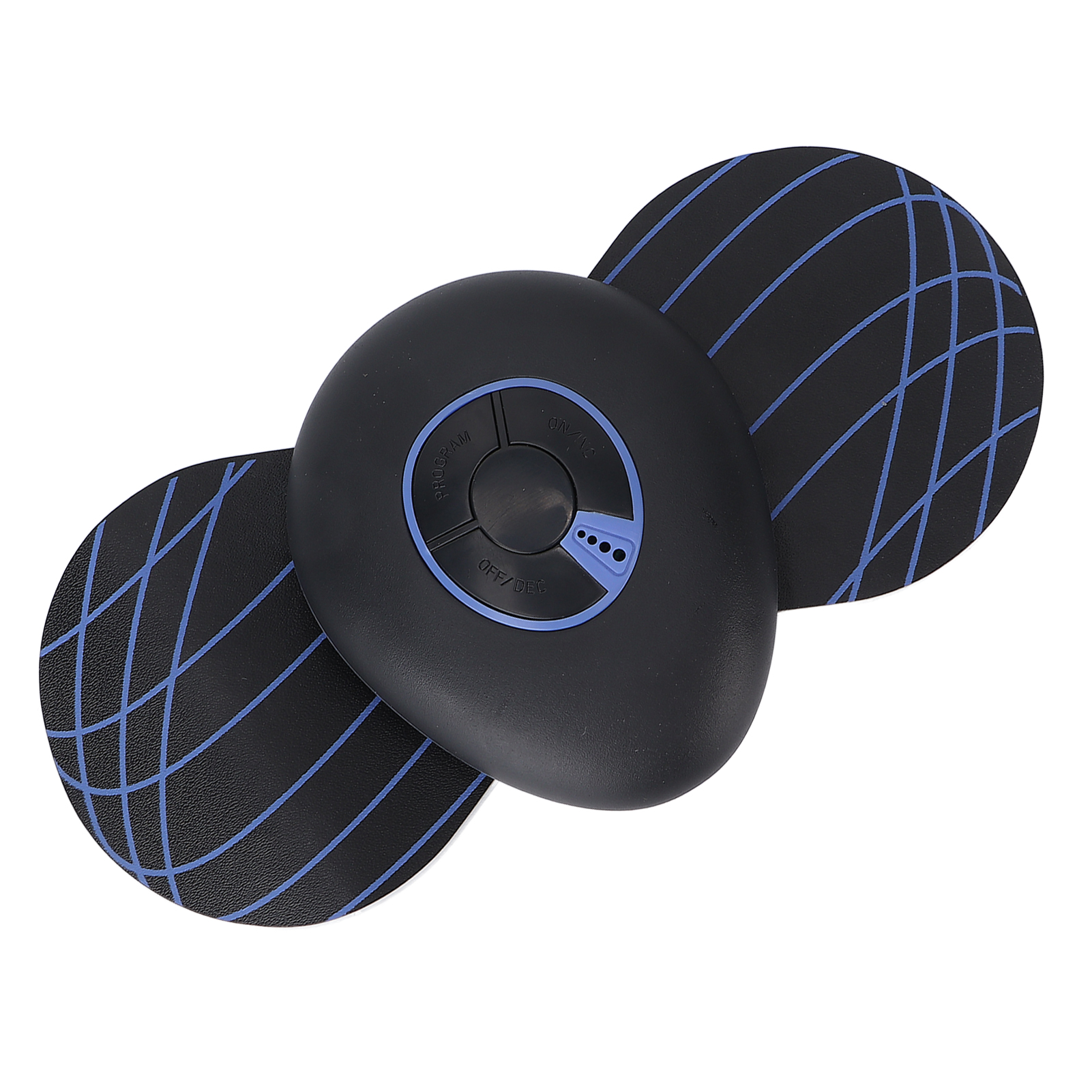 Ein schwarzes EMS-Massagegerät mit zwei runden Pads und blauen Linien auf weißem Hintergrund.