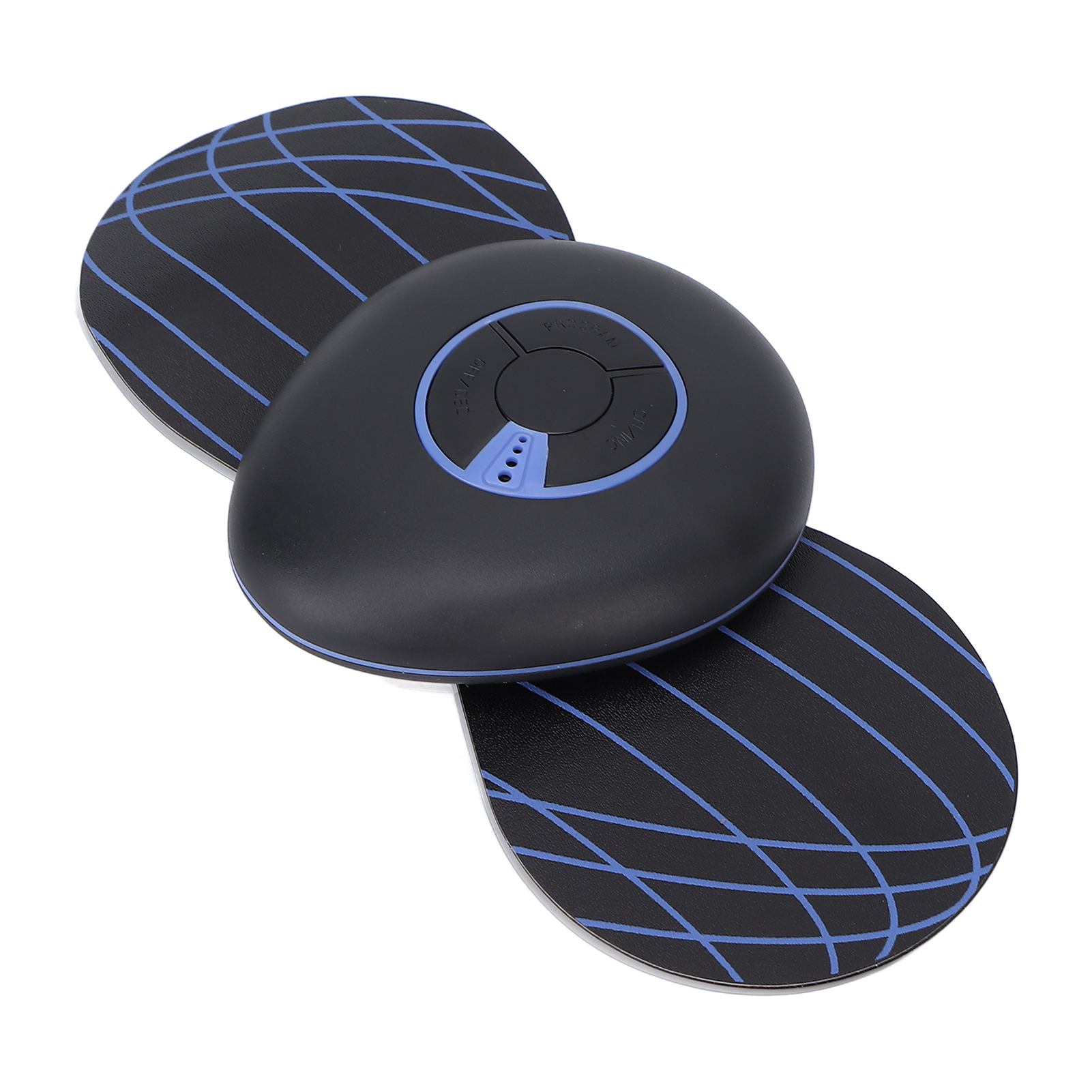 Ein schwarzes Massagegerät mit rundem Controller und zwei Pads mit blauen Gitterlinien auf weißem Hintergrund.