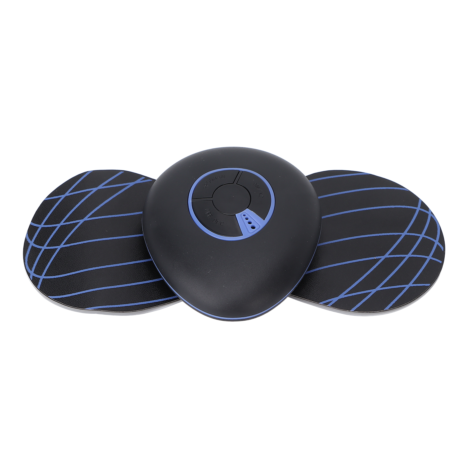 Ein schwarzes EMS-Massagegerät mit zwei runden Pads und blauen Linien auf weißem Hintergrund.