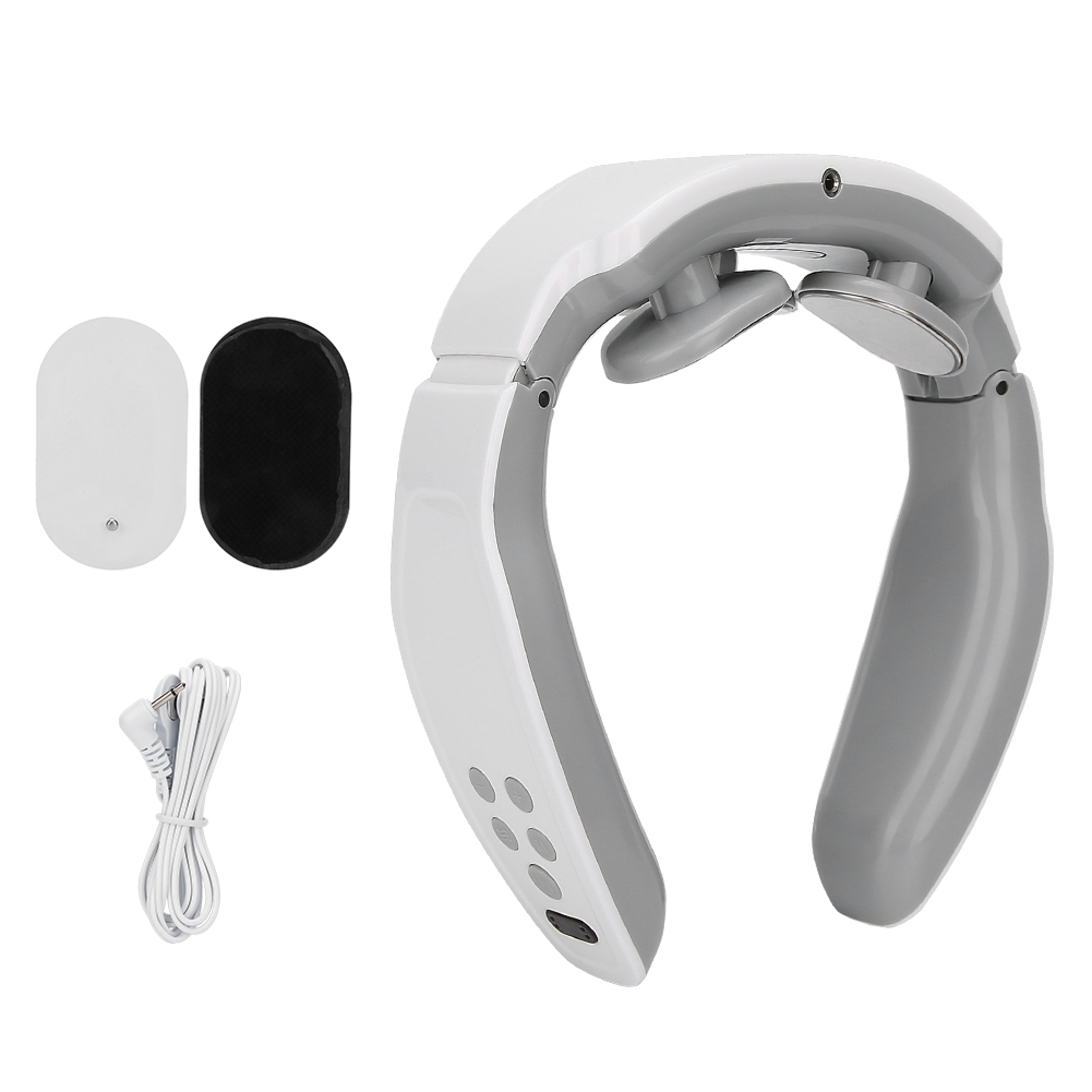Ein weiß-grauer Nackenmassageur in U-Form mit zwei Elektrodenpads und Verbindungskabel auf weißem Grund.