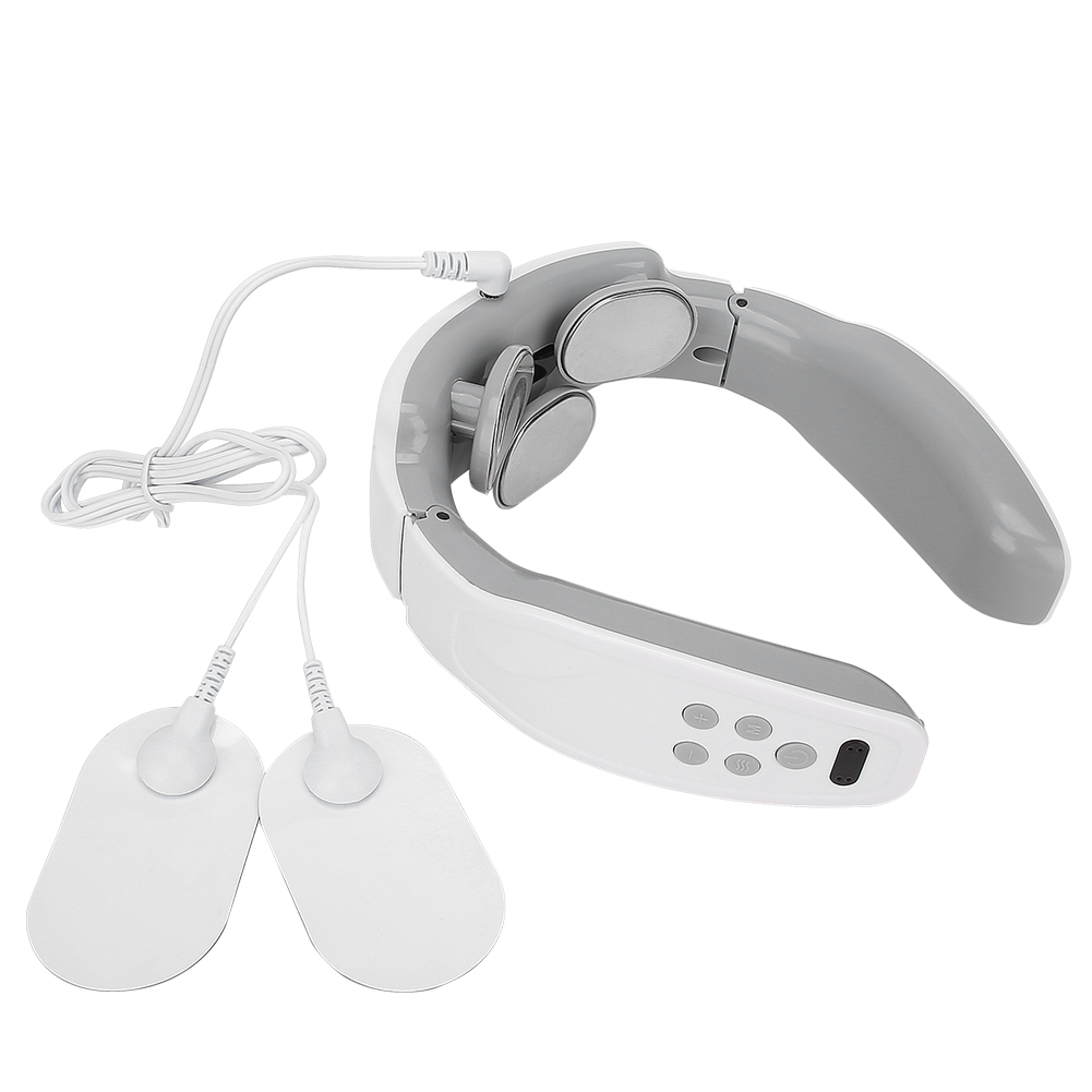 Ein weißer, grauer Nackenmassageapparat mit Elektrodenpads und Kabel auf weißem Grund.