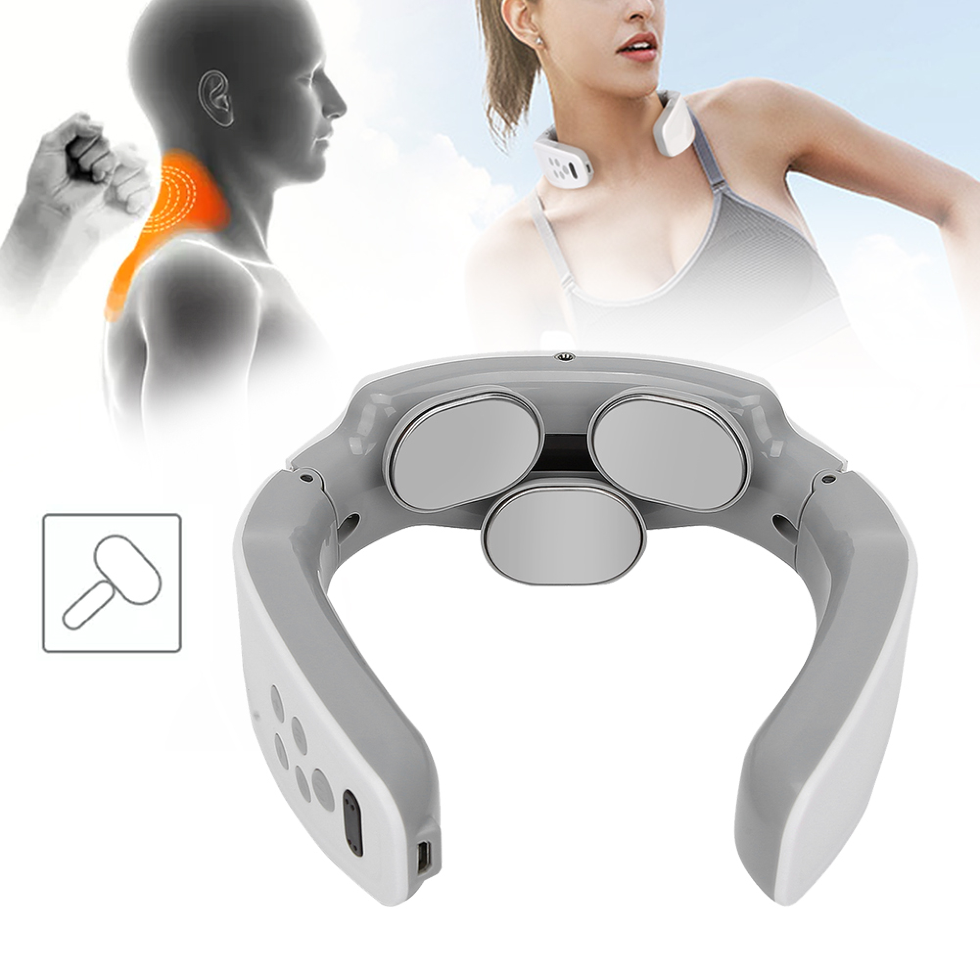Ein weißer, u-förmiger Nackenmassagegerät mit drei runden Kontaktflächen und Funktionsgrafiken im Hintergrund.