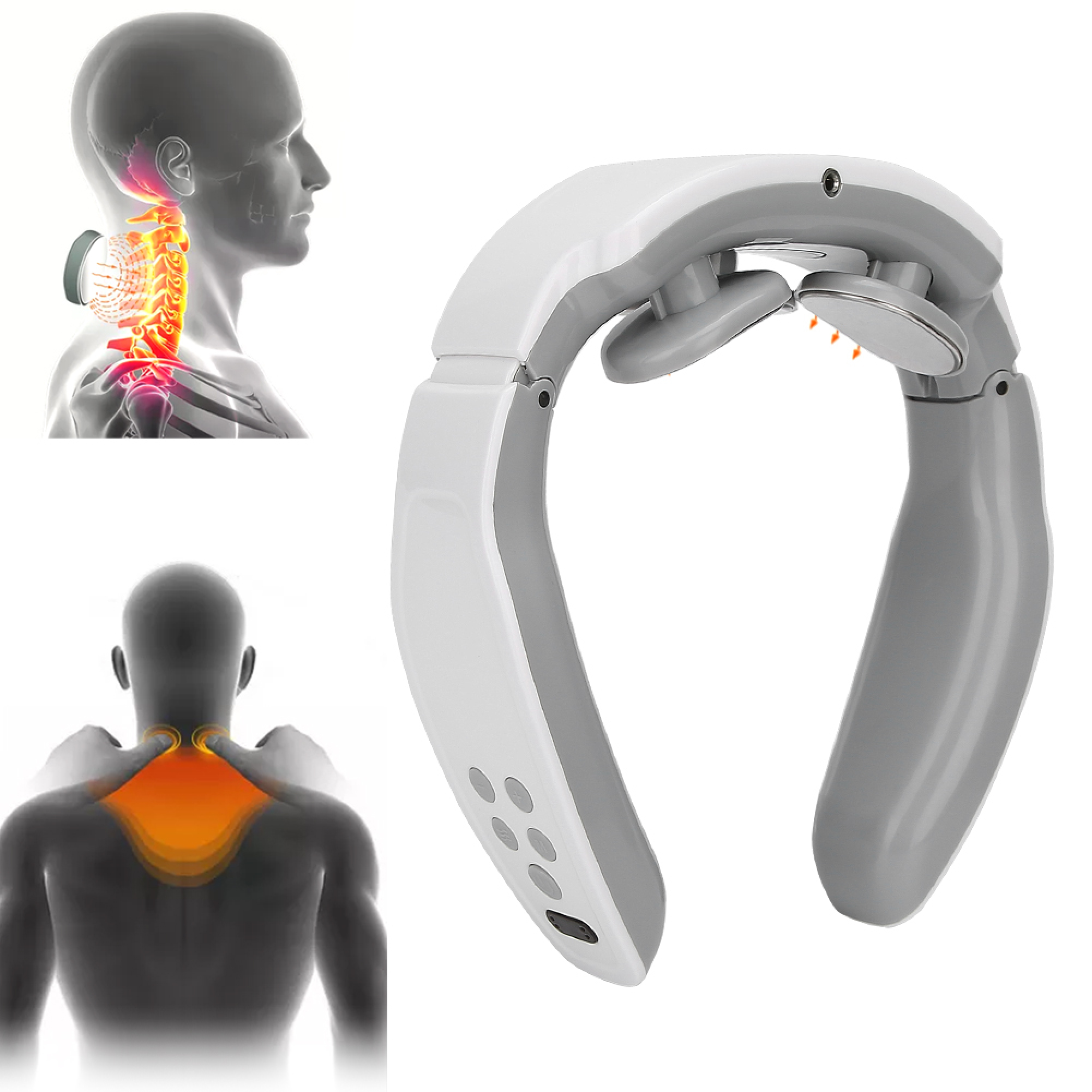 Weiß-graues Nackenmassagegerät mit Steuerung und anatomischen Grafiken.