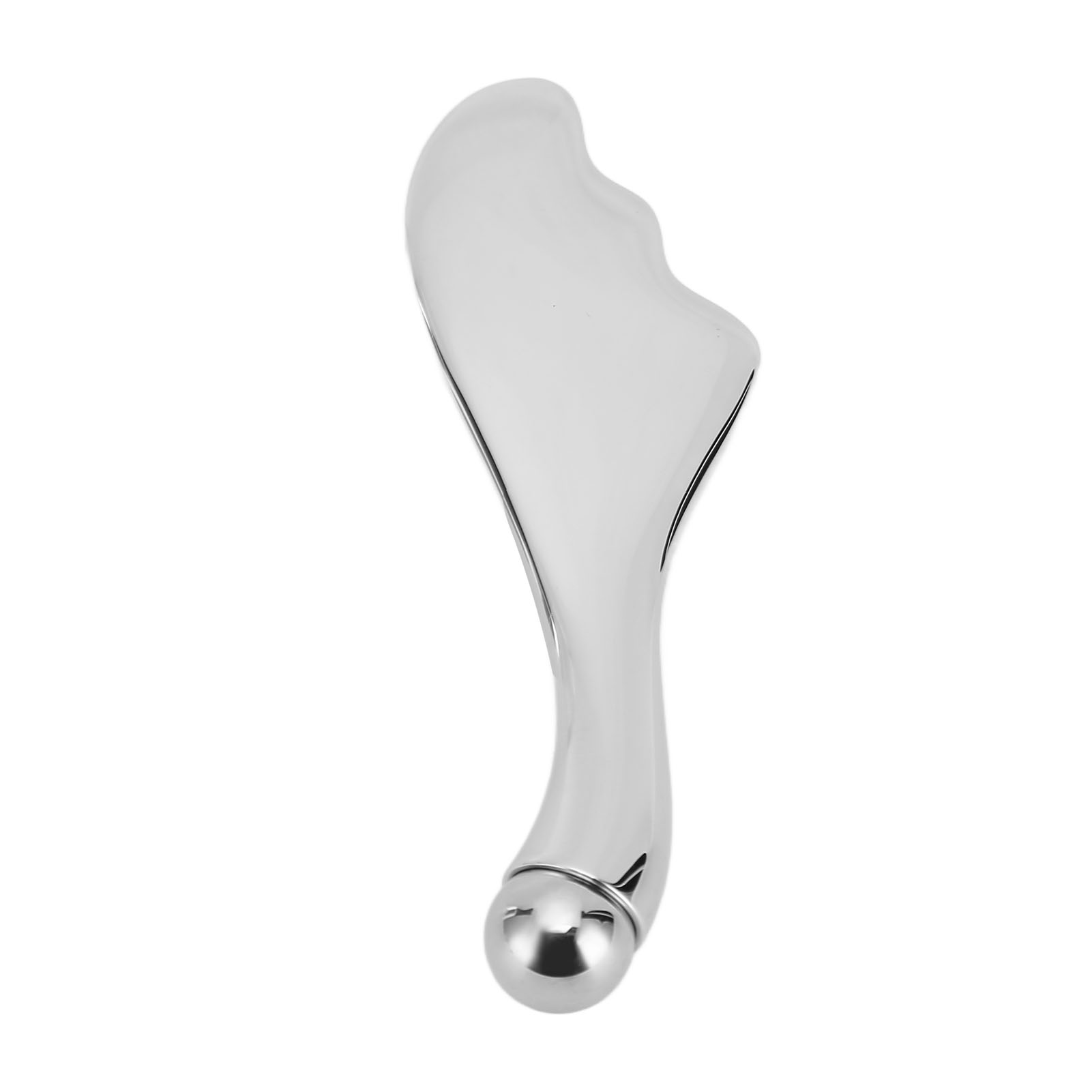 Ein silberner, ergonomisch geformter Gua-Sha-Stein aus Metall mit einer runden Kugelspitze vor weißem Hintergrund.