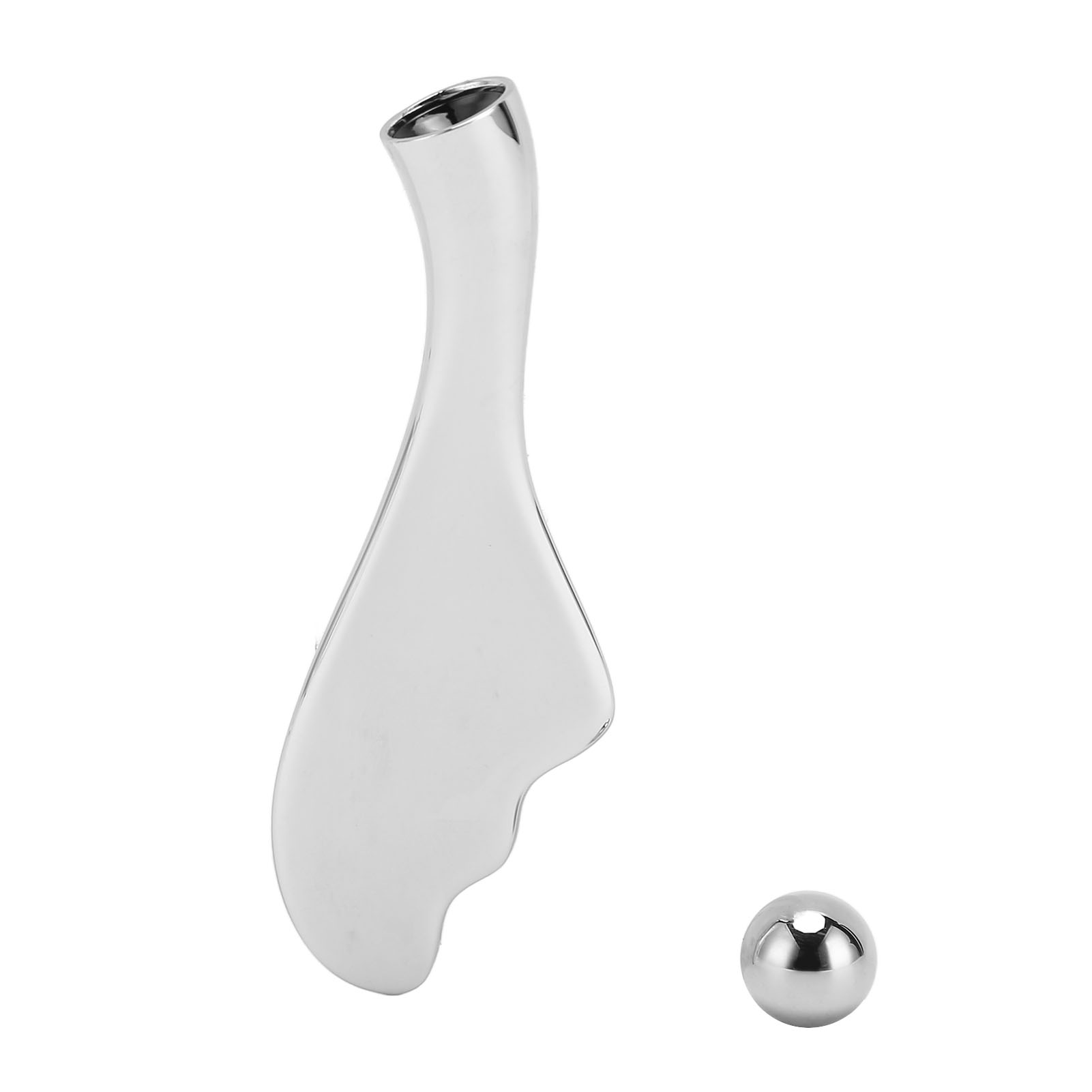 Ein silbernes Gesichtsmassagegerät und eine kleine Metallkugel auf weißem Hintergrund.
