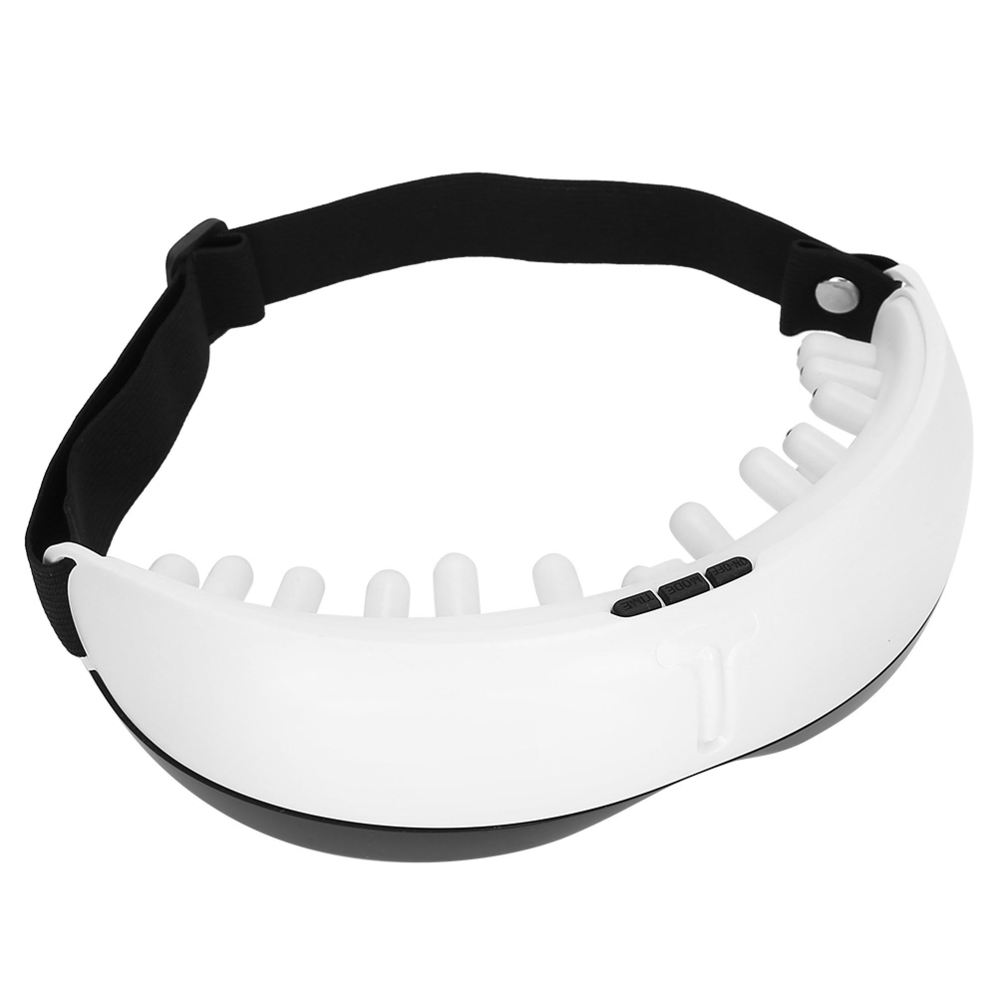 Ein weißes, halbzylindrisches Kopfmassagegerät mit Massagenoppen und einem schwarzen elastischen Band.