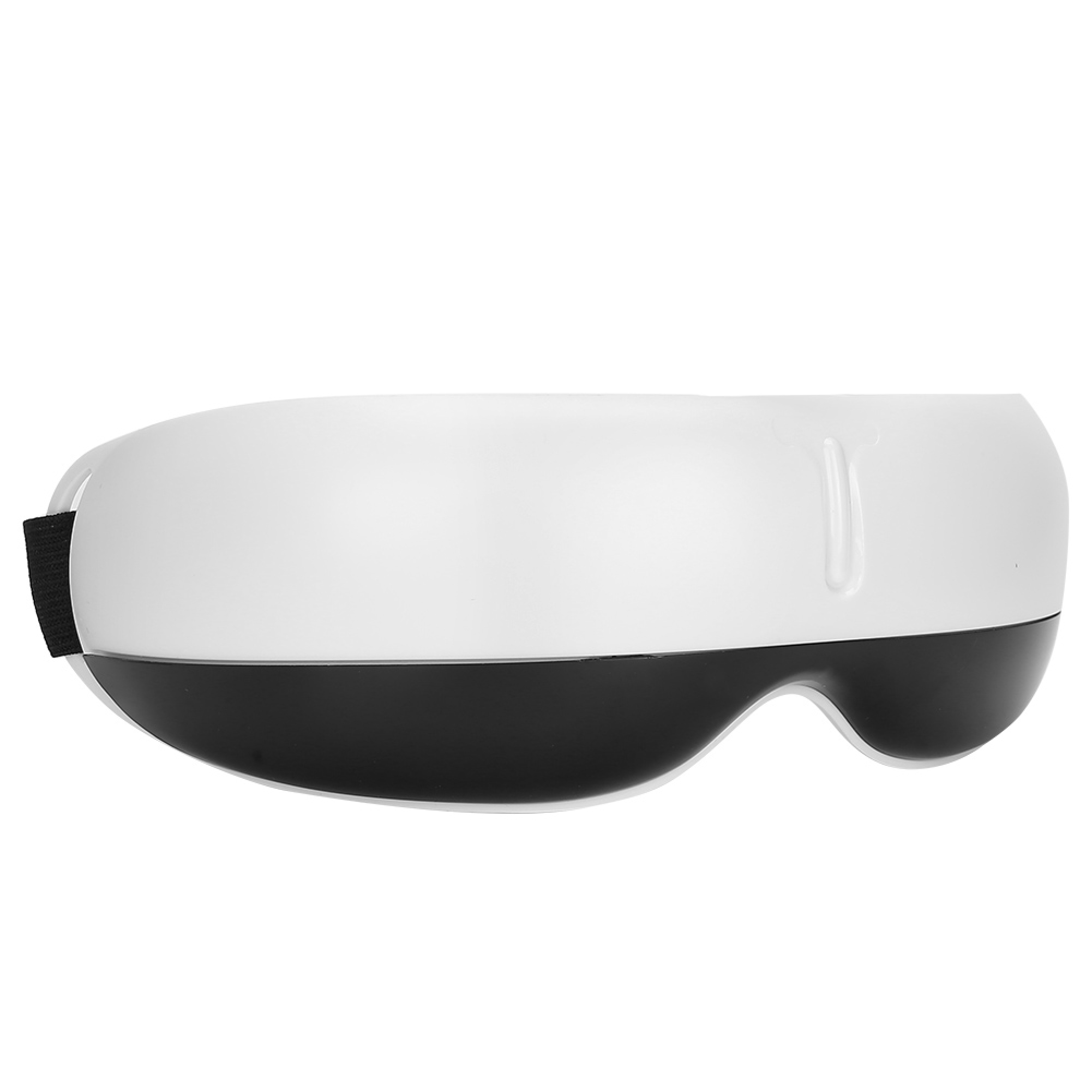 Weiß-schwarze Augenmaske mit elastischem Band vor weißem Hintergrund.