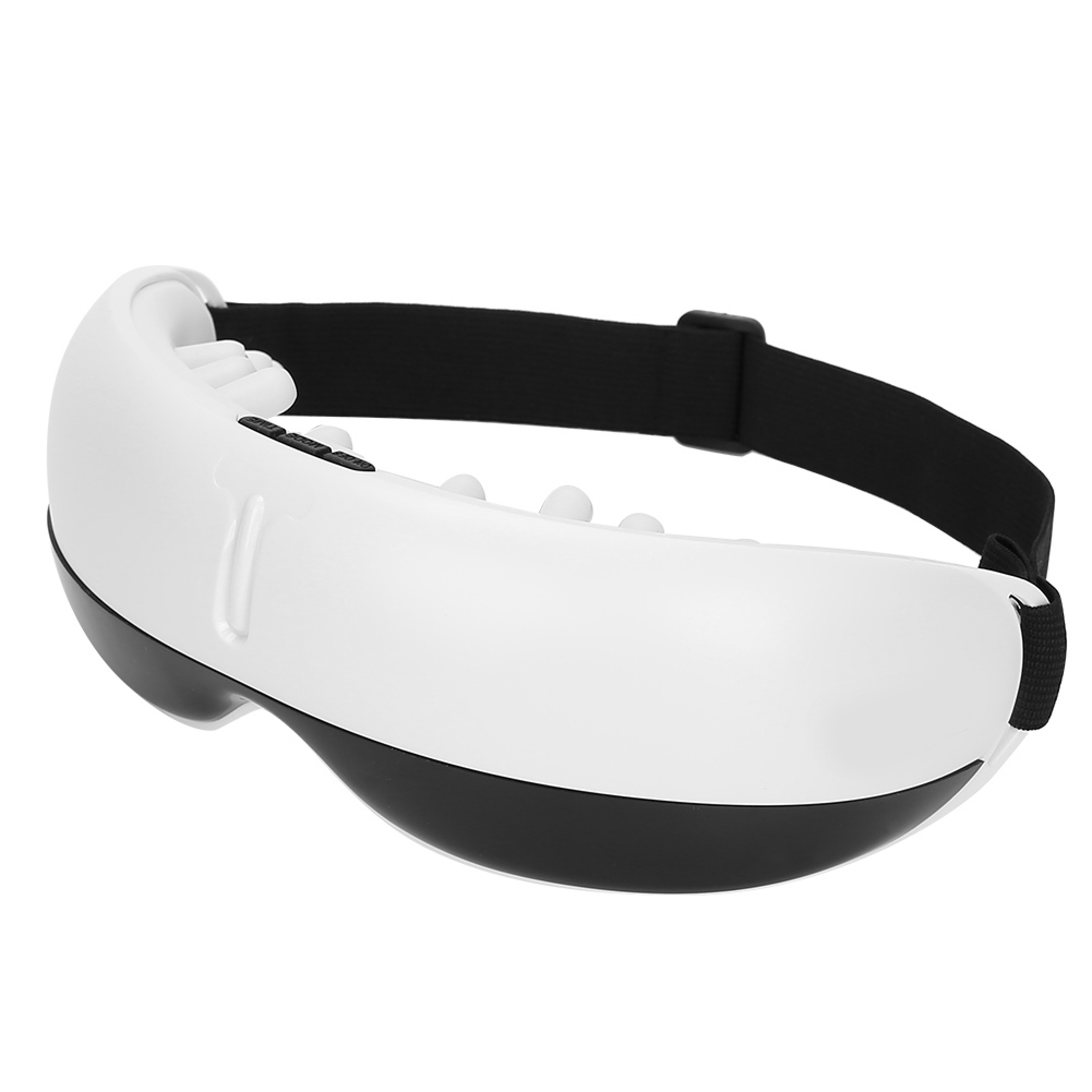 Ein weiß-schwarzes Augenmassagegerät mit elastischem Band vor weißem Hintergrund.