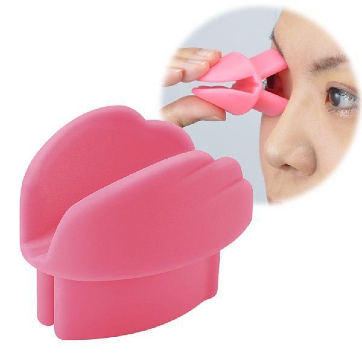 Ein pinkes Silikon-Lidtrainingstool in Nahaufnahme und im Einsatz auf einem Auge.