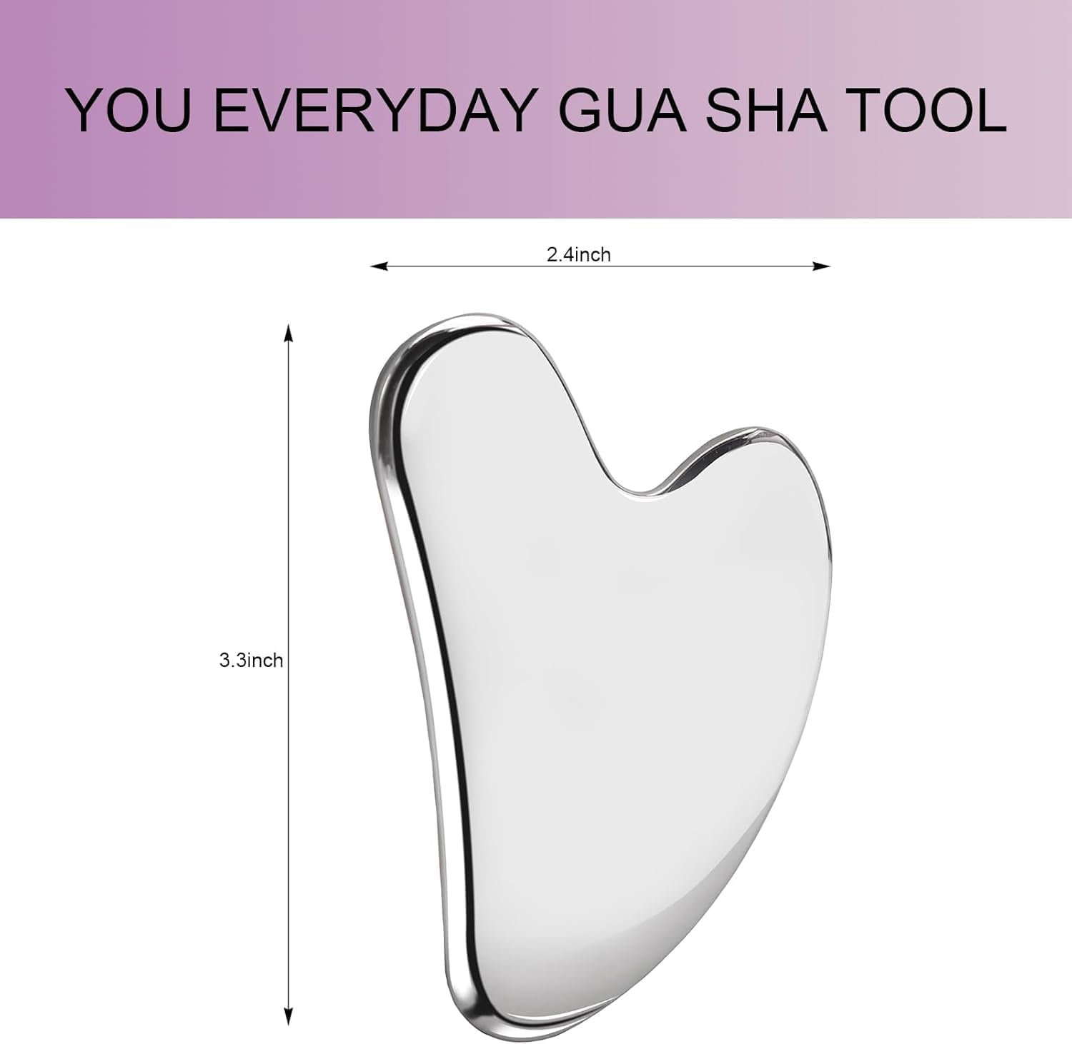 Ein silberner, herzförmiger Gua Sha Stein mit Maßangaben von 2.4 und 3.3 Zoll.