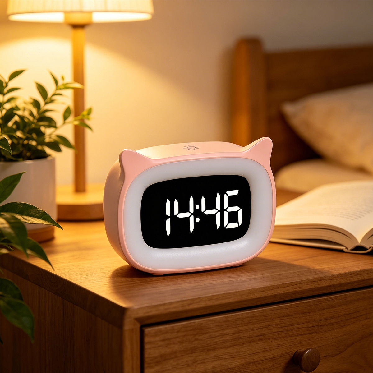 Ein rosa Digitalwecker mit Katzenohren auf einem Nachttisch aus Holz, mit Lampe, Pflanze und offenem Buch.