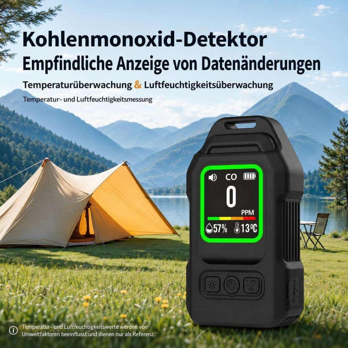 Ein Kohlenmonoxid-Detektor steht auf Gras vor einem Zelt, einem See und Bergen im Hintergrund.