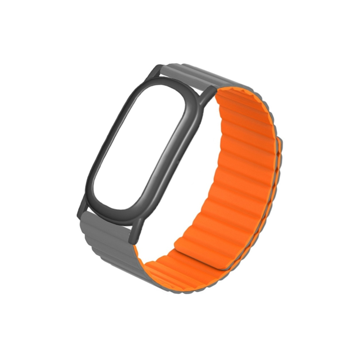 Eine schwarze Smartwatch-Hülle mit einem gerippten Armband in Grau und leuchtendem Orange.