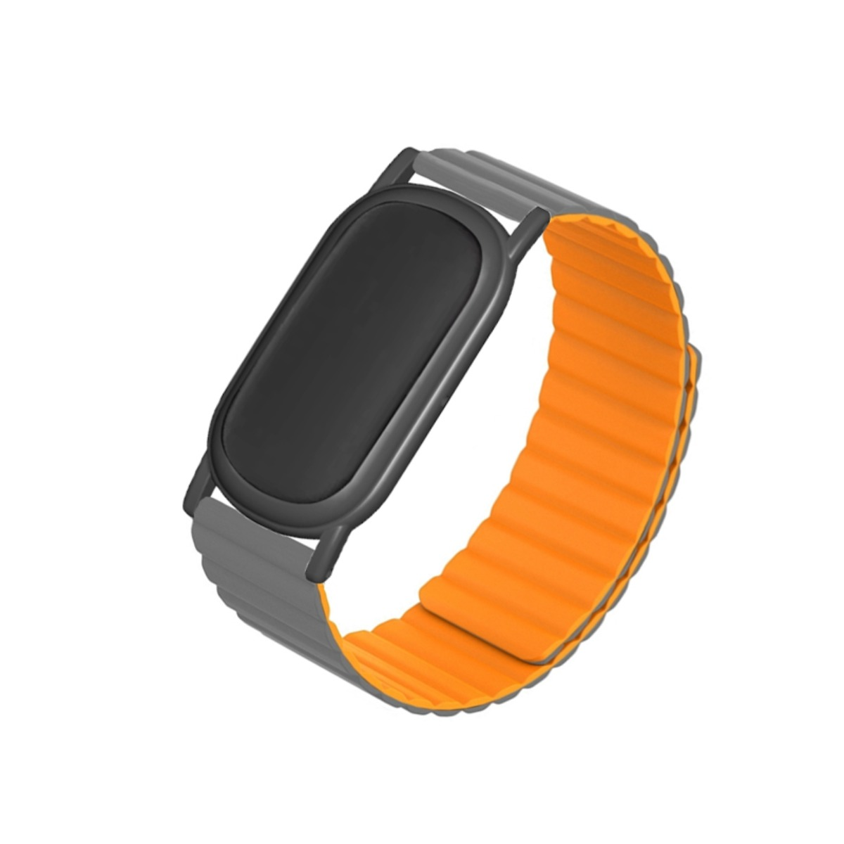 Schwarze Smartwatch mit dunkelgrauem Gehäuse und orange-grauem Armband.