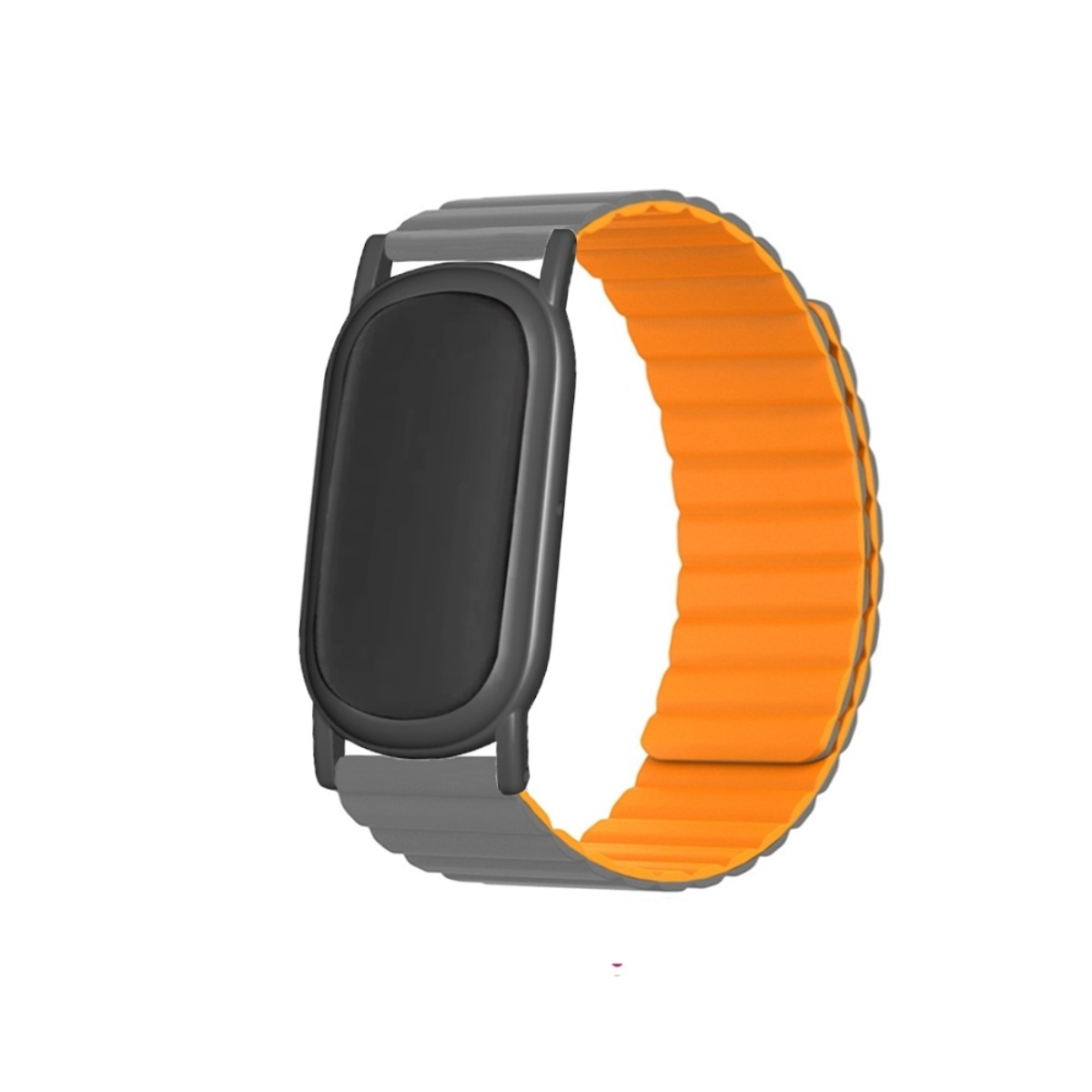 Eine graue Smartwatch mit einem leuchtend orangen, gerippten Armband vor weißem Hintergrund.