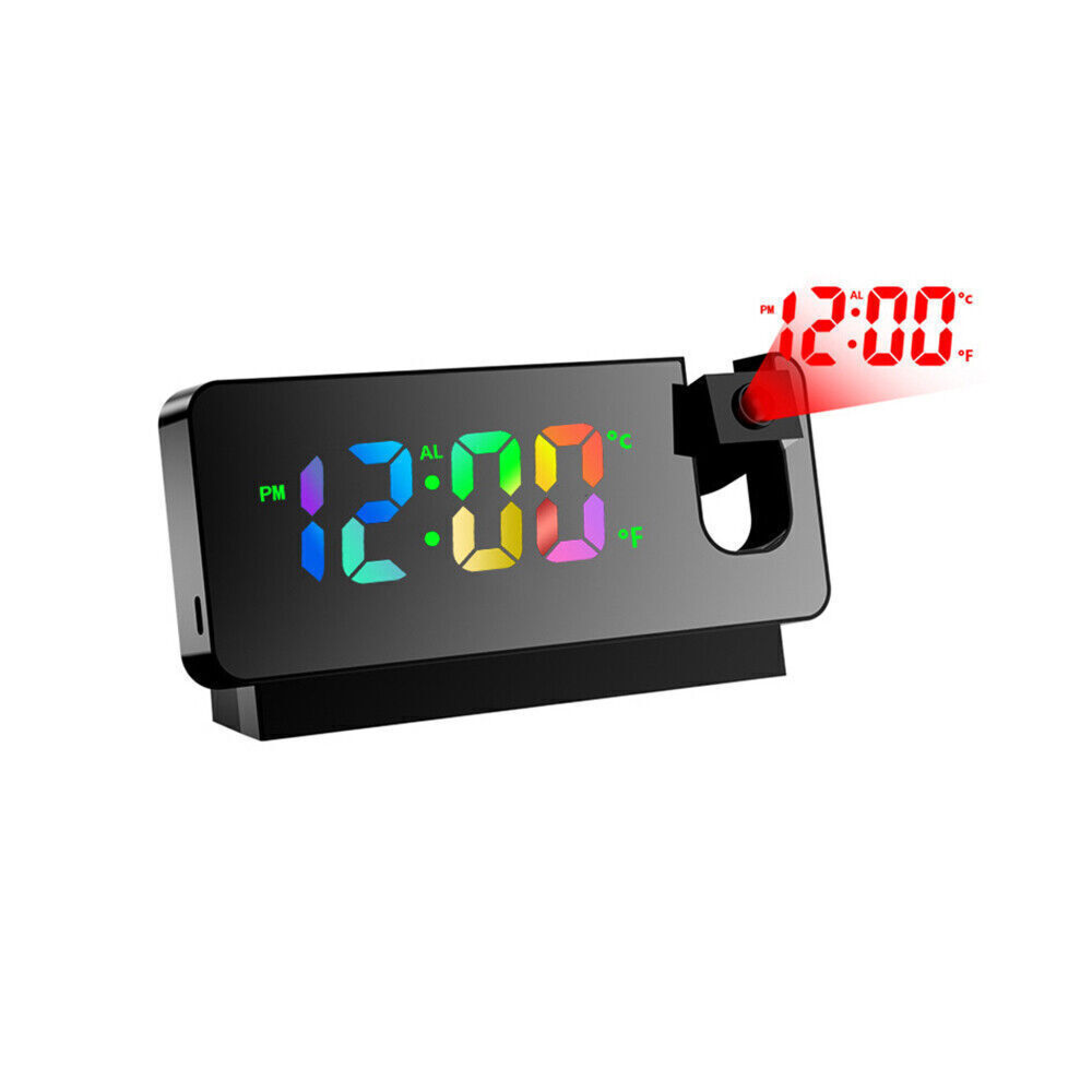 Ein schwarzer Digitalwecker mit buntem LED-Display projiziert die Uhrzeit in Rot an die Wand.
