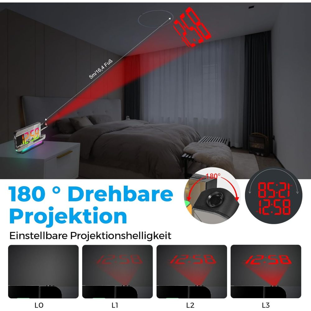 Ein digitaler Projektionswecker auf einem Nachttisch projiziert die Uhrzeit in Rot an die Decke in einem Schlafzimmer.