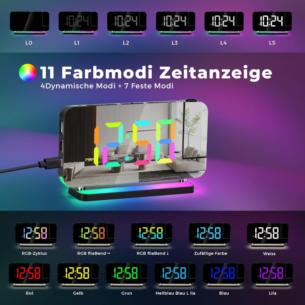 Digitale Projektionsuhr mit bunten LEDs und verschiedenen Farbmodi für die Zeitanzeige.