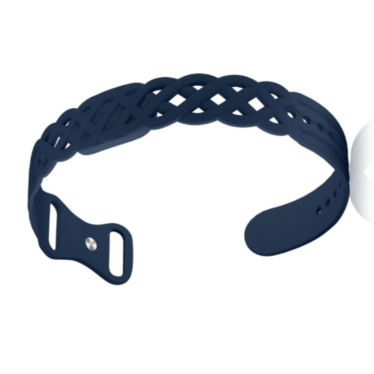 Dunkelblaues geflochtenes Uhrenarmband aus Silikon mit Metallknopf auf weißem Hintergrund.