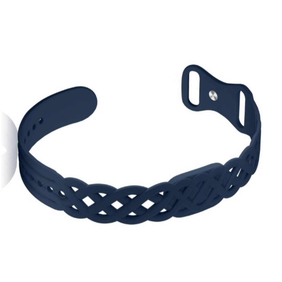 Ein dunkelblaues, geflochtenes Smartwatch-Armband aus Silikon mit Metallstift.