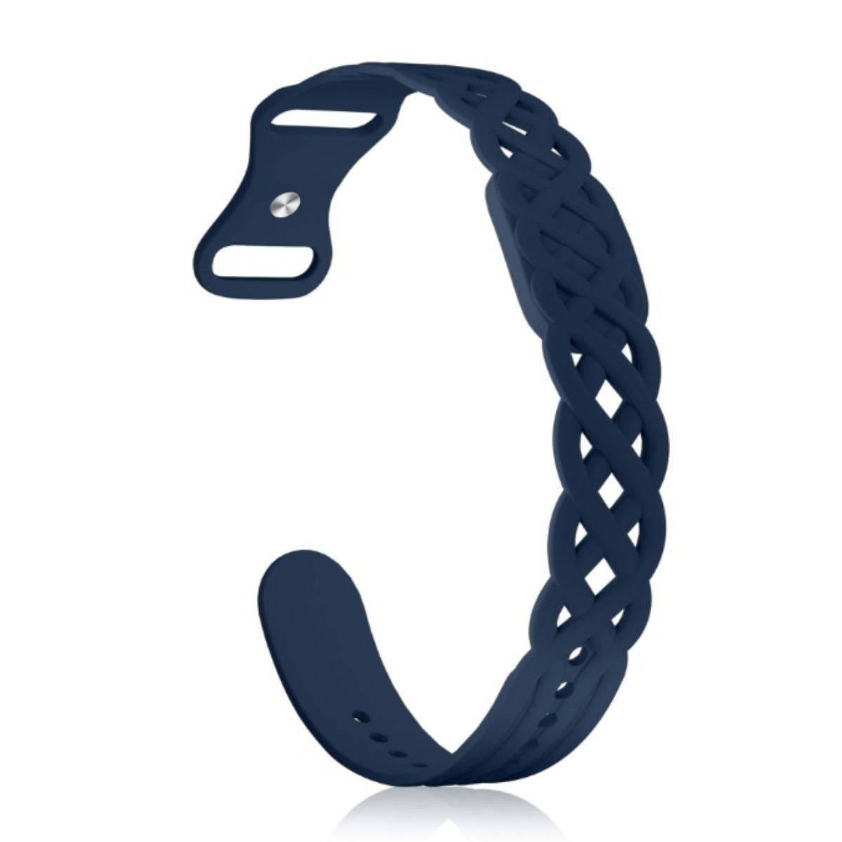 Dunkelblaues geflochtenes Uhrenarmband aus Silikon mit Metallverschluss auf weißem Hintergrund.