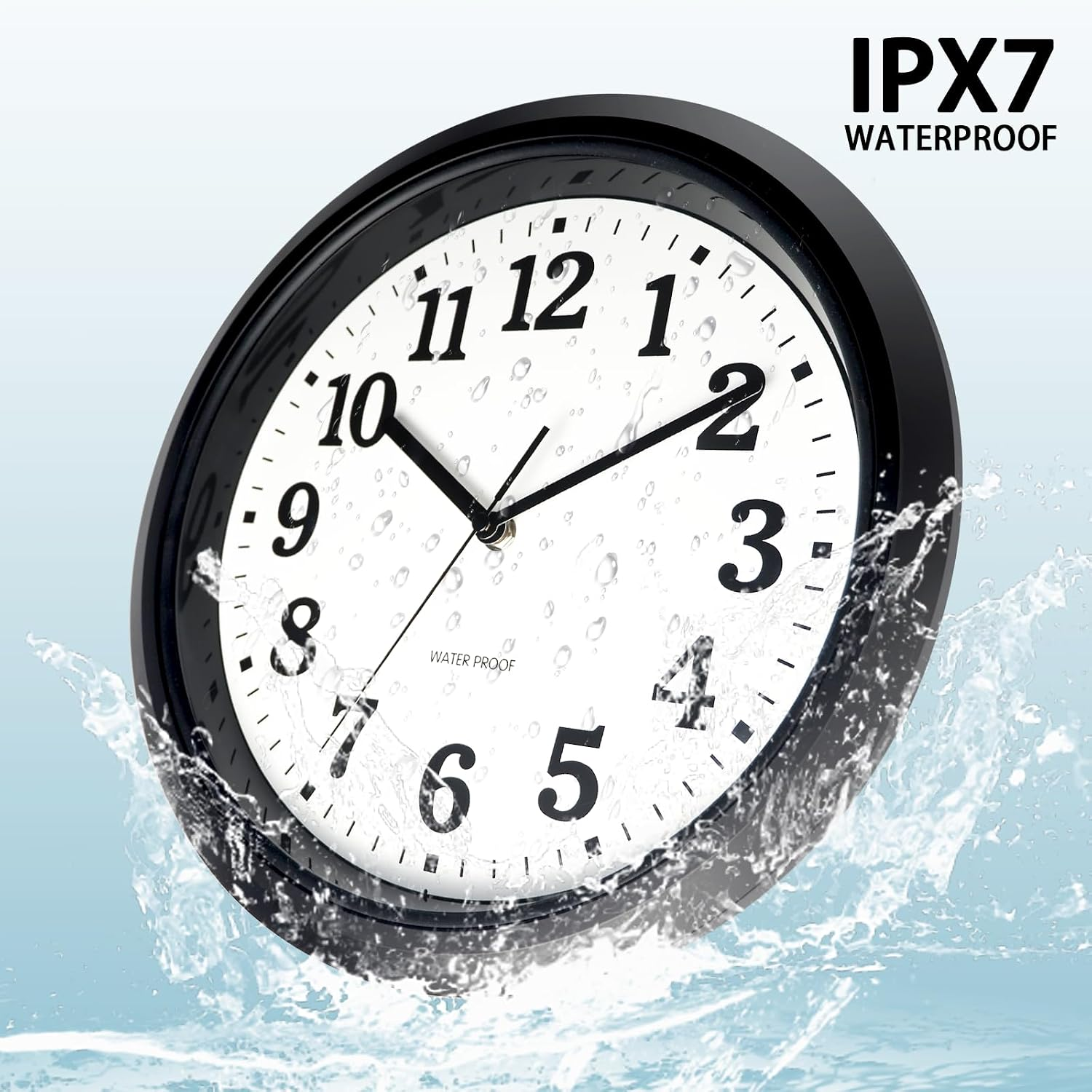 Wasserdichte schwarze Wanduhr mit weißen Zifferblatt und Wassertropfen.