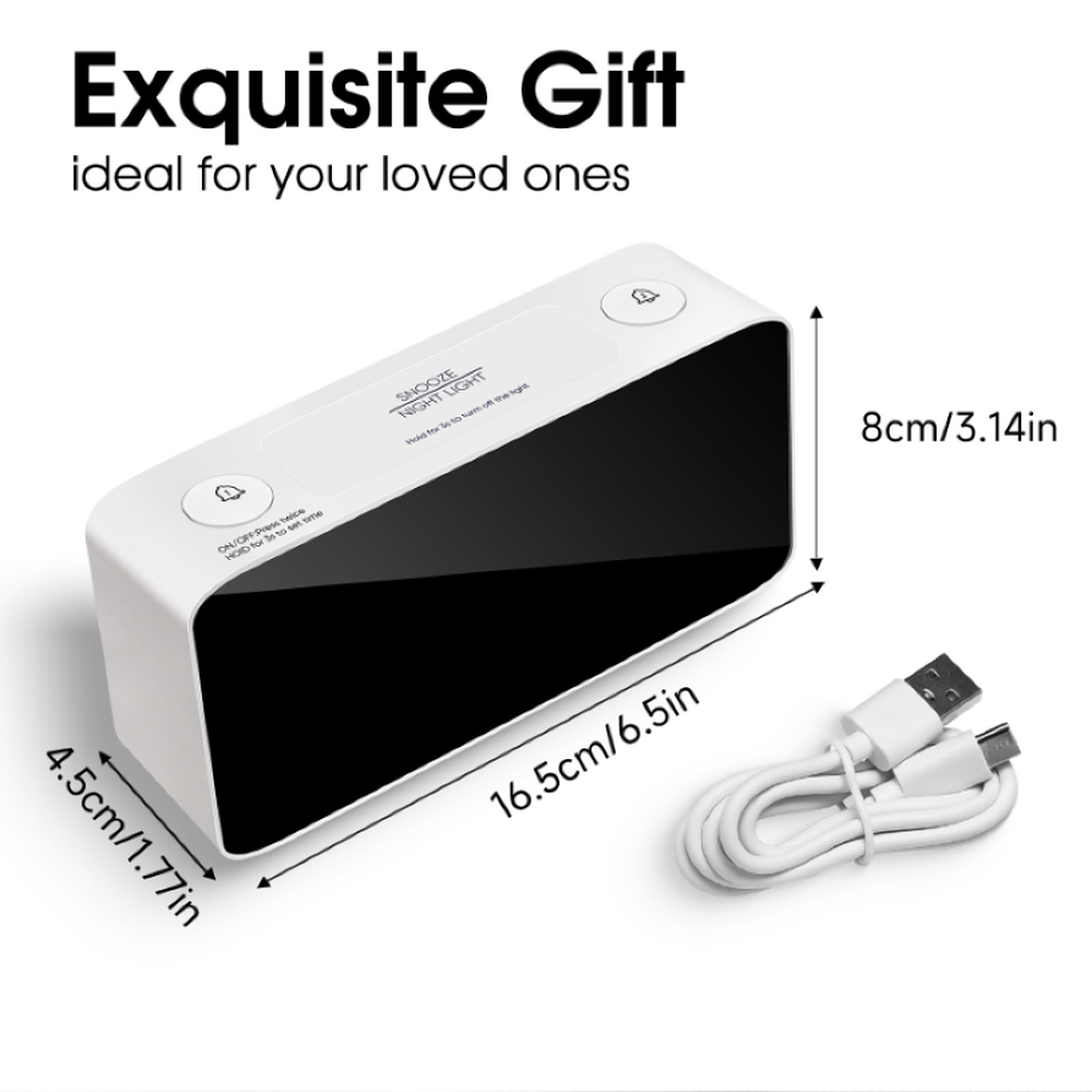 Weisse rechteckige Digitaluhr mit schwarzem Bildschirm und beiliegendem USB-Ladekabel, Masse sind angegeben.