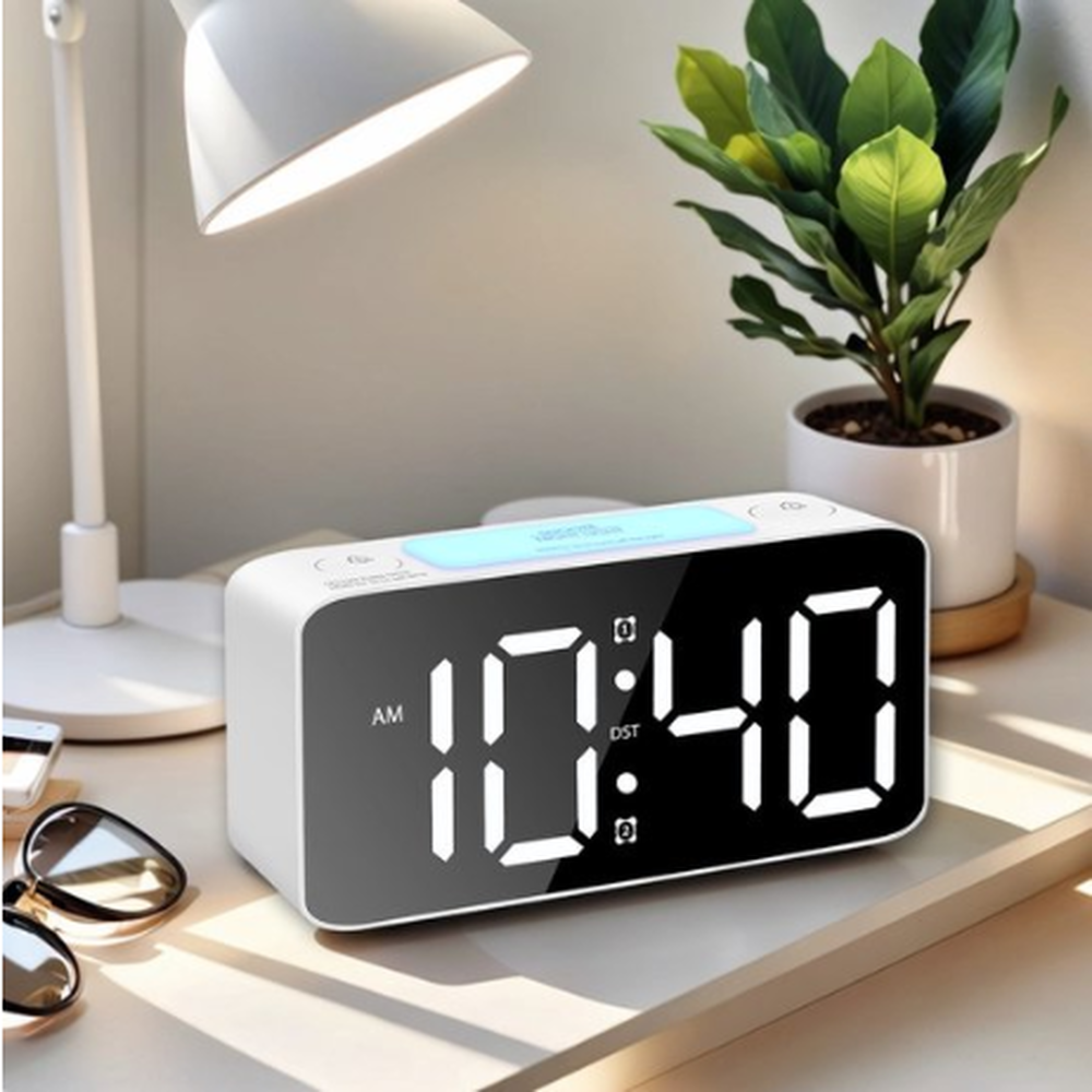 Ein weißer Digitalwecker auf einem Schreibtisch, neben einer Lampe und einer Topfpflanze.