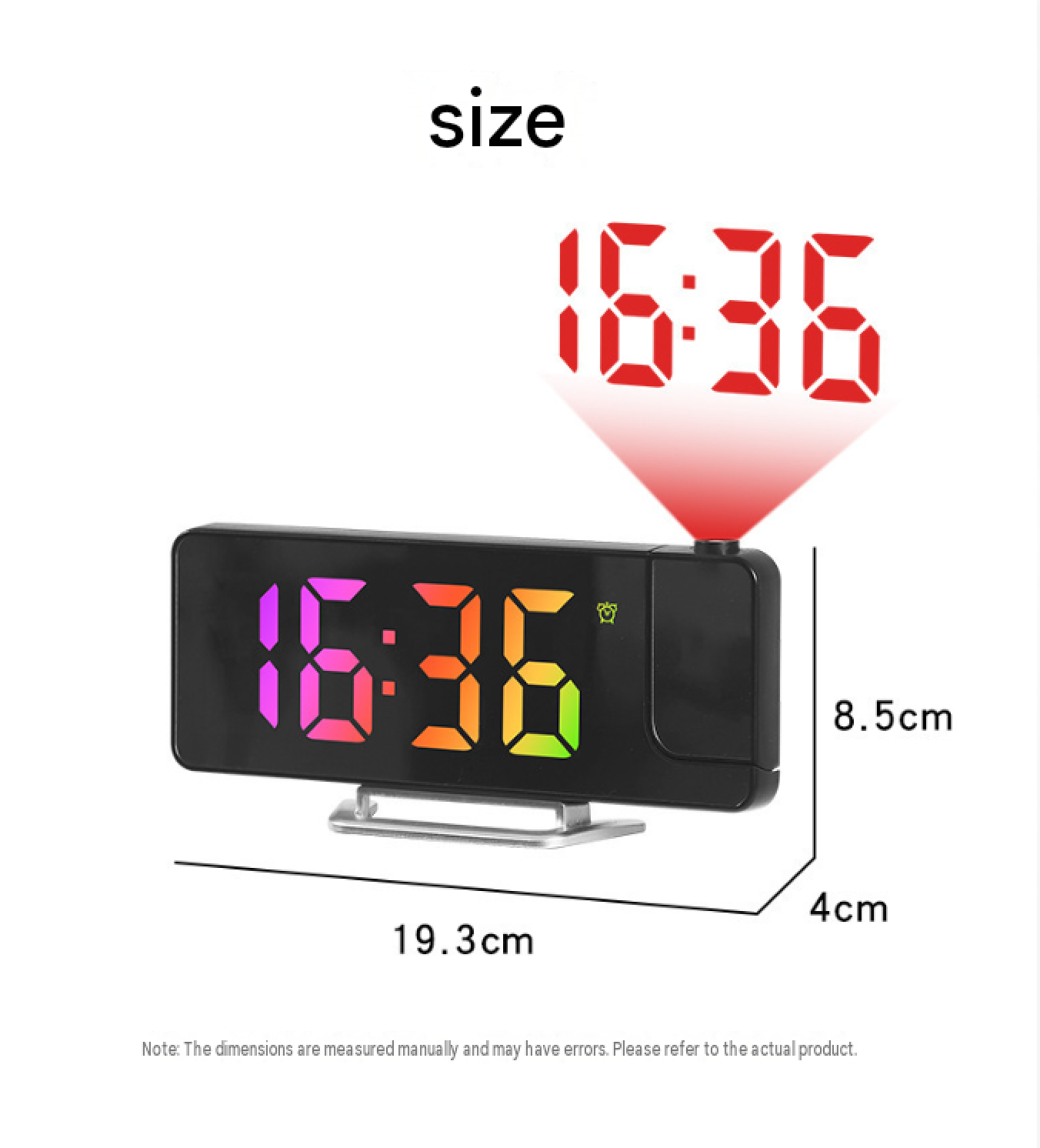 Digitaler Wecker mit bunter LED-Anzeige und roter Projektion, Maße 19,3x8,5x4cm.