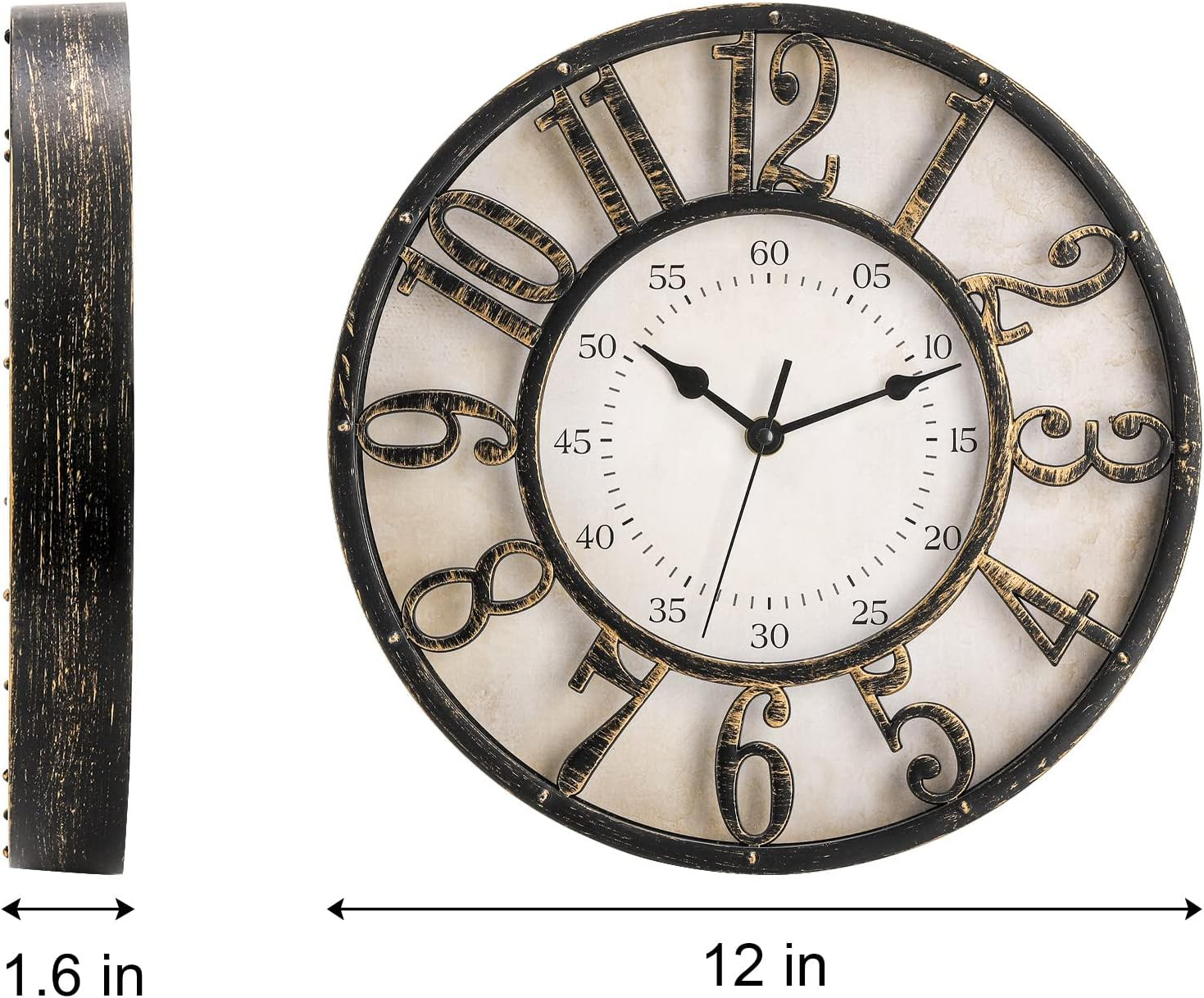 Antike schwarze Wanduhr mit römischen Ziffern und 30 cm Durchmesser.