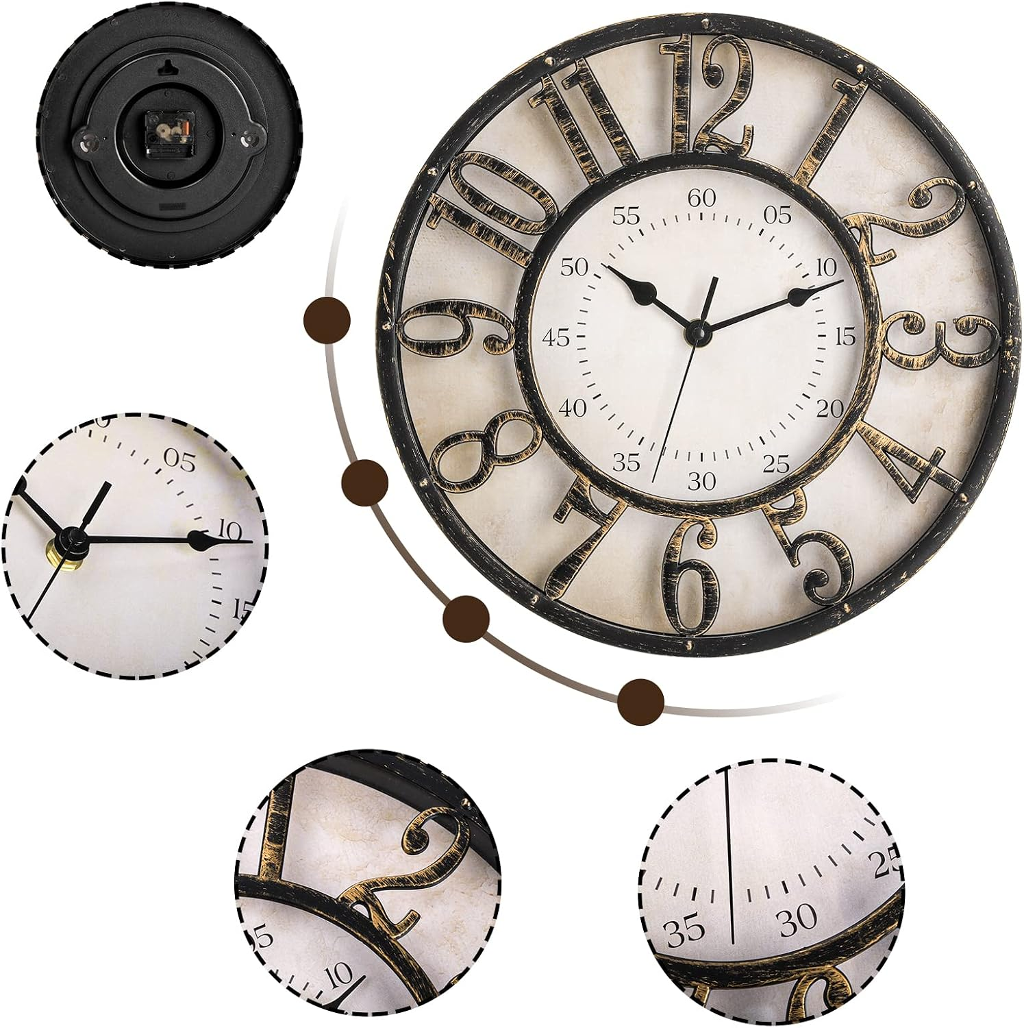 Eine Wanduhr im Vintagestil mit großen Ziffern und Detailansichten von Zifferblatt und Rückseite.