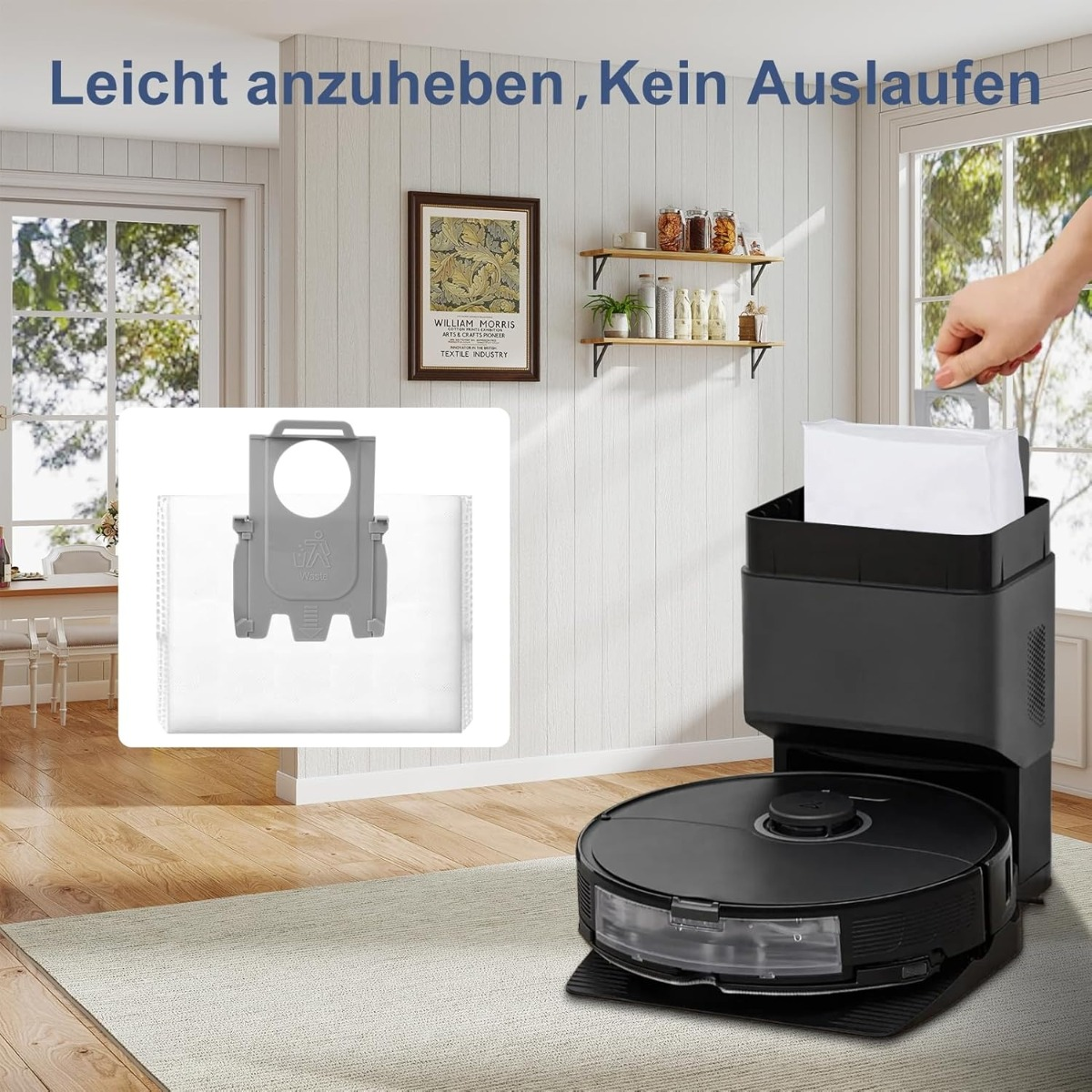 Roboterstaubsauger mit Dockingstation und Hände hebendem Beutel in modernem Wohnzimmer.