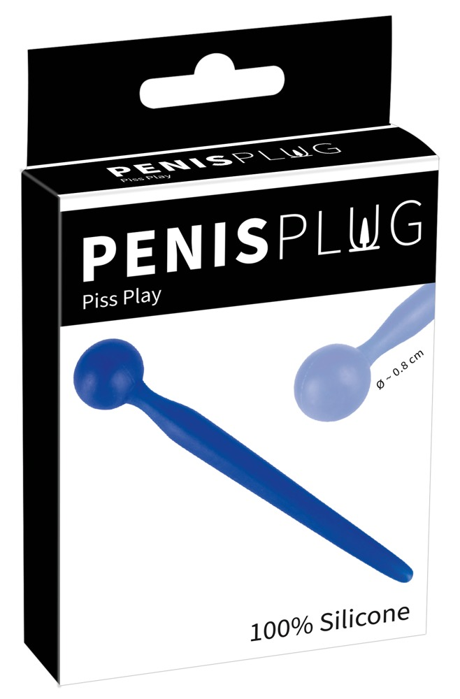 Verpackung eines blauen Penis-Plugs aus Silikon mit runder Spitze.