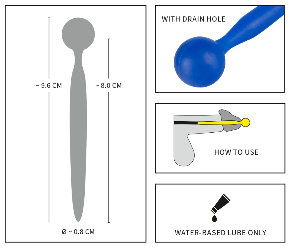 Diagramm zeigt Abmessungen, Drainageloch, Verwendung und den Hinweis nur auf Wasserbasis Gleitmittel zu verwenden.