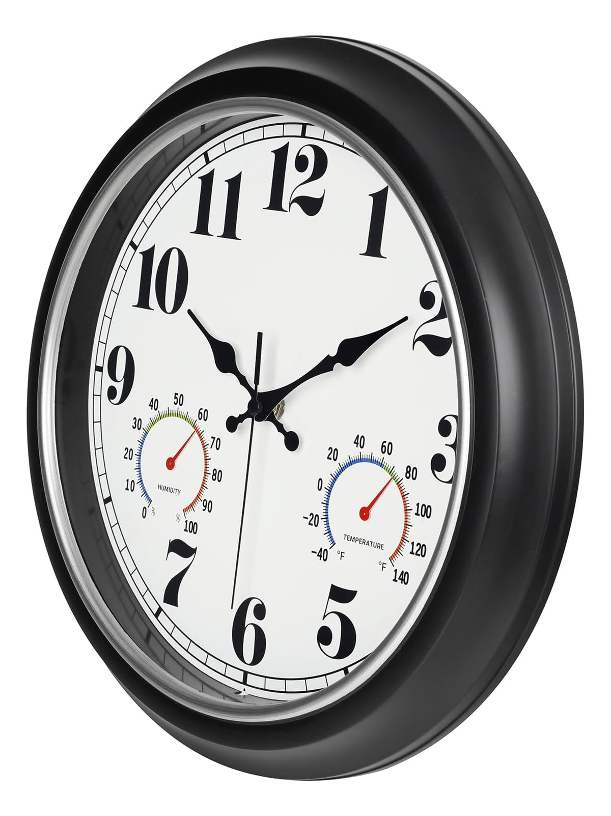 Schwarze Wanduhr mit weißem Zifferblatt, Hygrometer und Thermometer.