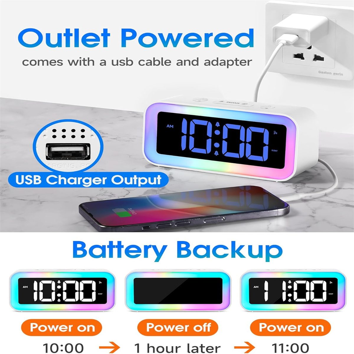 Digitale Uhr mit RGB-Rand, USB-Ladeanschluss, Steckdosenkabel und Batterie-Backup.