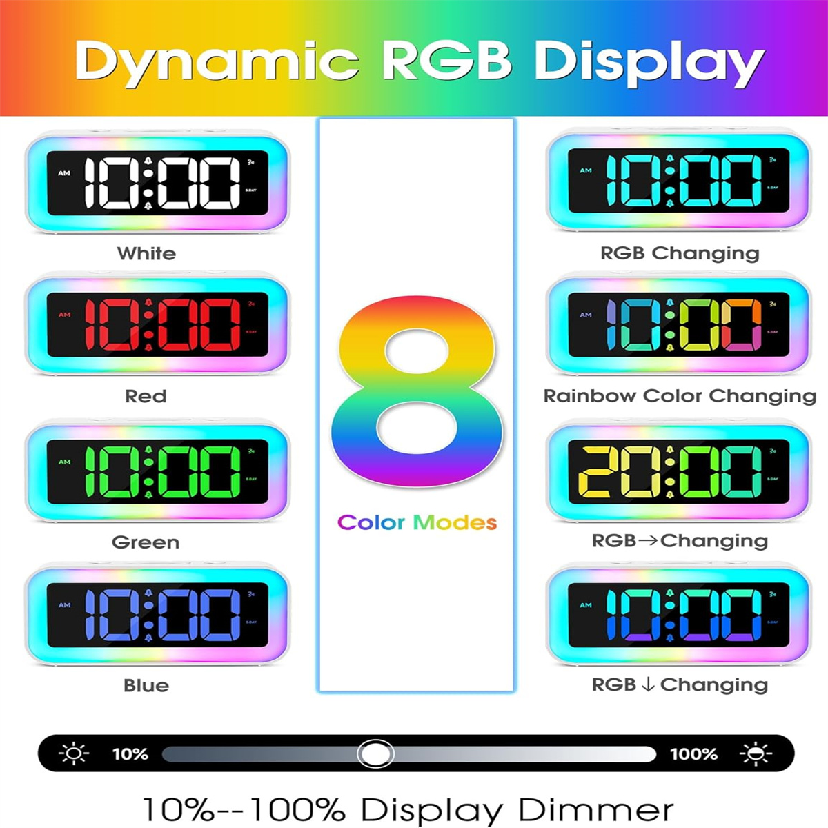Digitale Wecker zeigen 8 RGB-Farbmodi und einen Dimmer von 10% bis 100%.