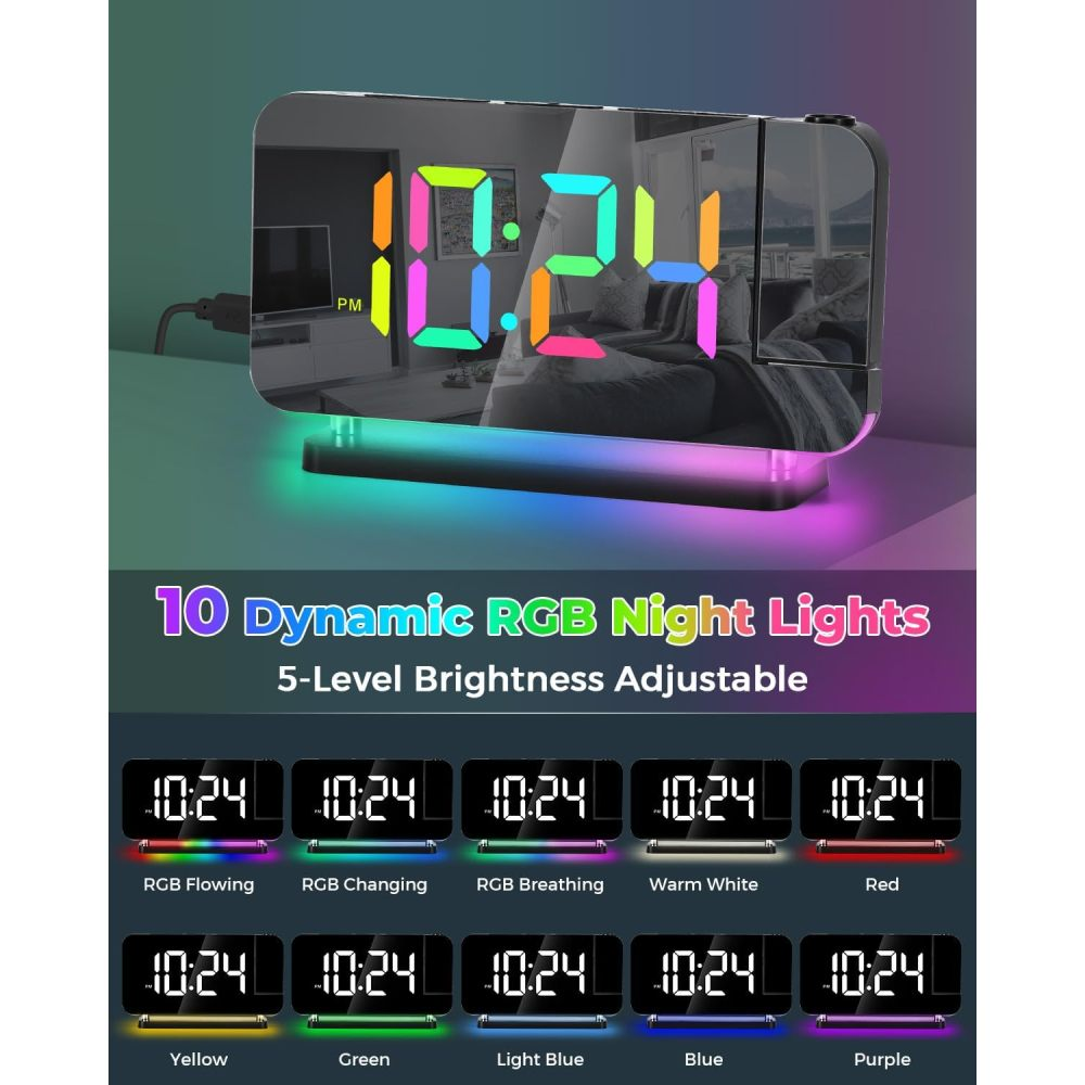 Digitaler Projektionswecker mit bunten LEDs und zehn dynamischen Nachtlichtmodi auf einer Oberfläche.