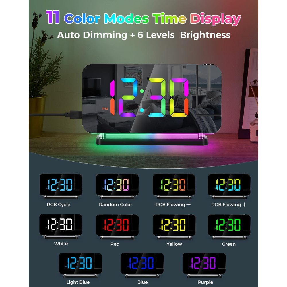 Ein digitaler Spiegelwecker mit bunten LED-Zahlen zeigt 12:30, auf einem Holztisch mit Modi unten.