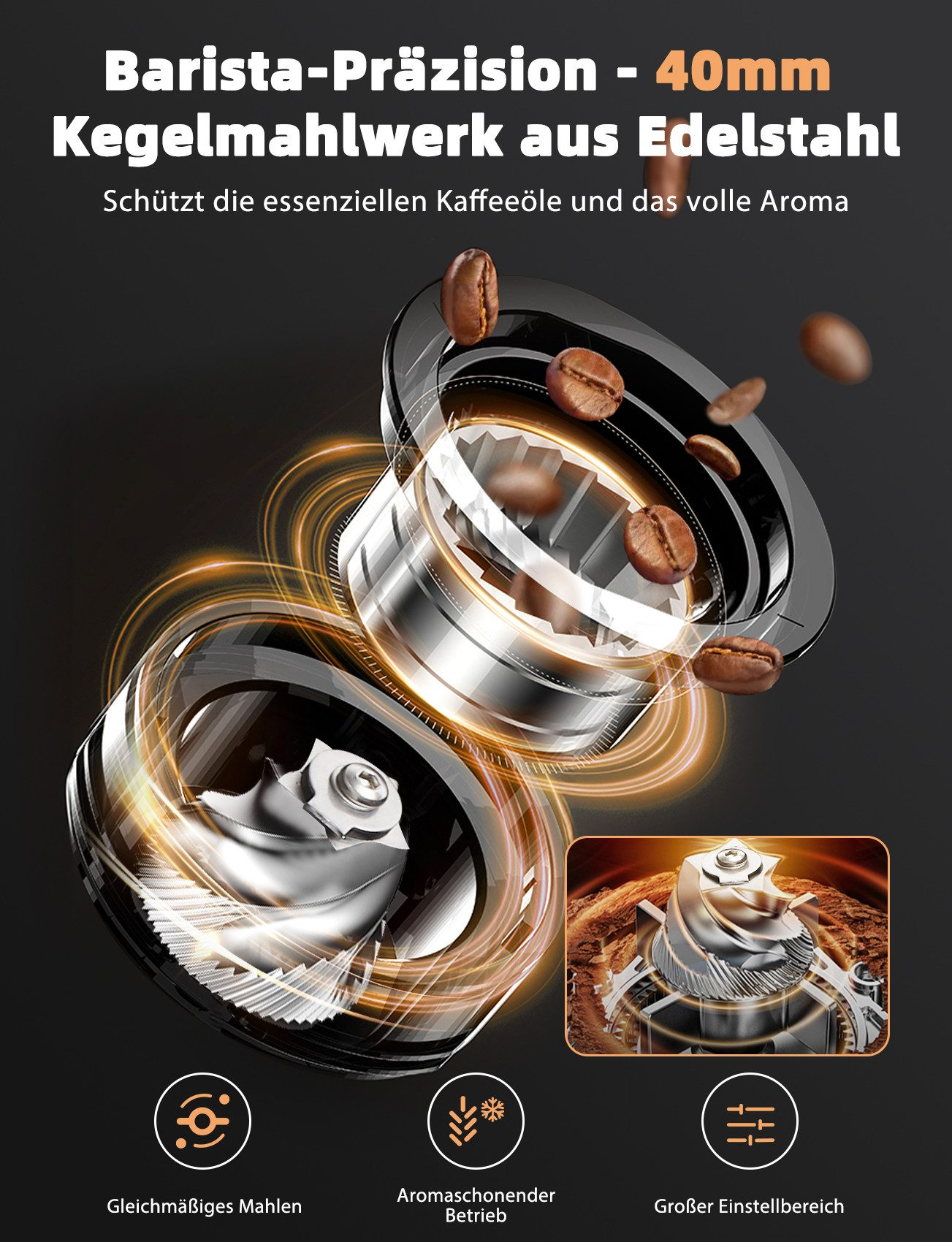 Edelstahl-Kegelmahlwerk mit fallenden Kaffeebohnen auf dunklem Hintergrund.