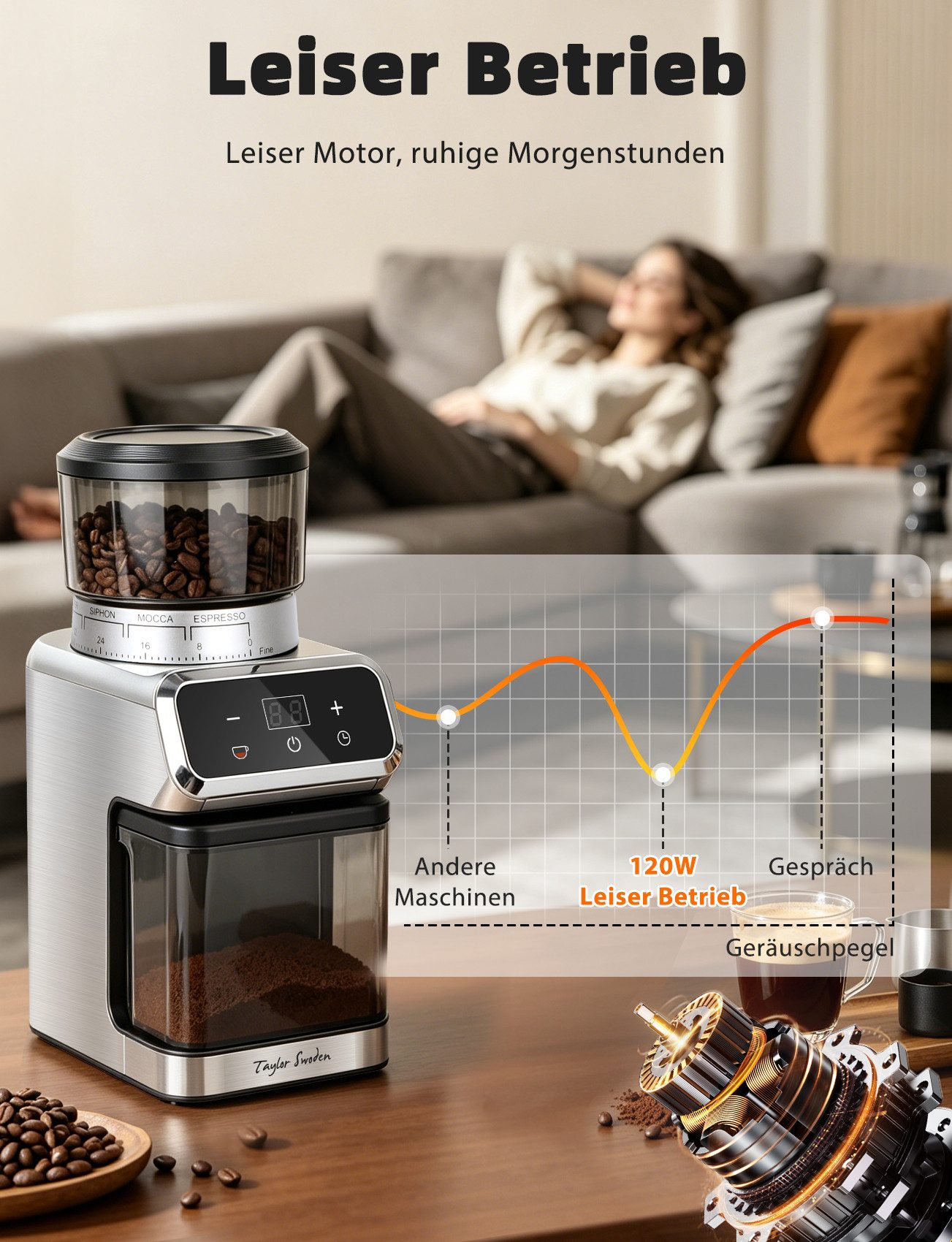 Eine elektrische Kaffeemühle auf einem Tisch mit Kaffeebohnen und einer Grafik, die den leisen Betrieb zeigt.