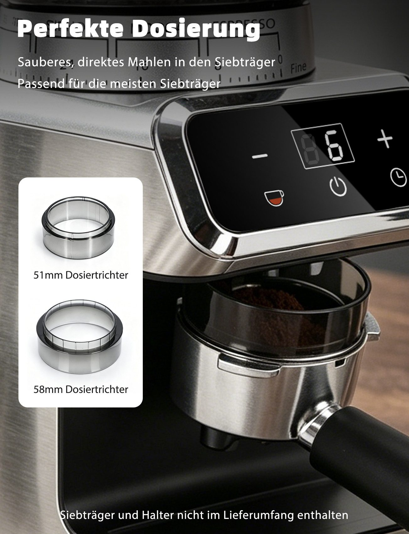 Edelstahl-Kaffeemühle mit Display, Dosierringen in 51 mm und 58 mm sowie eingesetztem Siebträger.