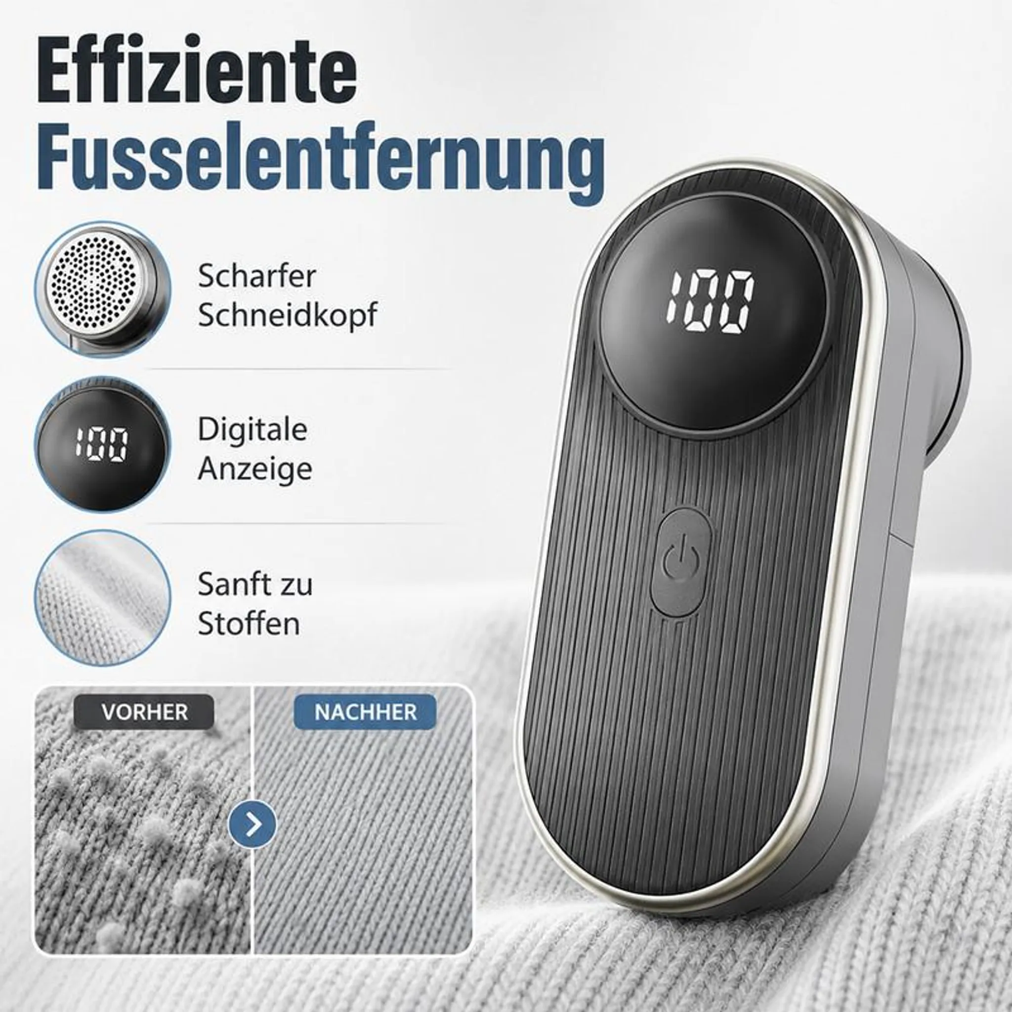 Elektrischer Fusselrasierer mit Digitalanzeige und Stoffglättungsvergleich auf Stoff.