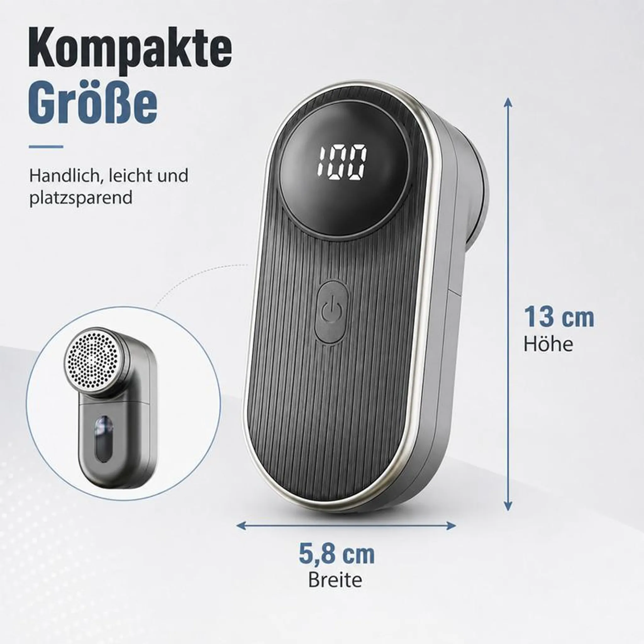 Kompakter, schwarzer Fusselrasierer mit digitaler Anzeige, Maße 13x5,8 cm.