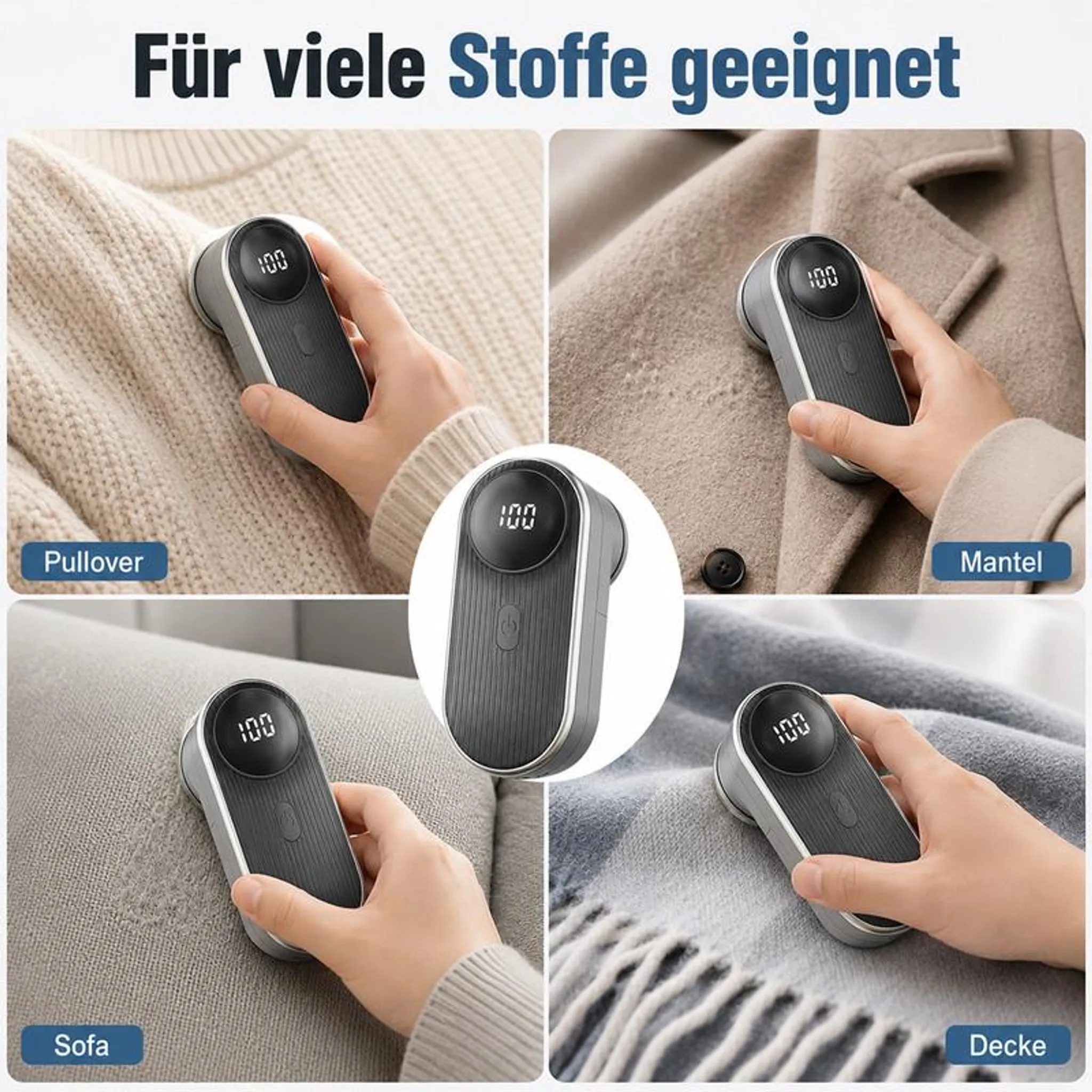 Ein Fusselrasierer reinigt verschiedene Stoffe wie Pullover, Mantel, Sofa und Decke, mit digitalem Display.