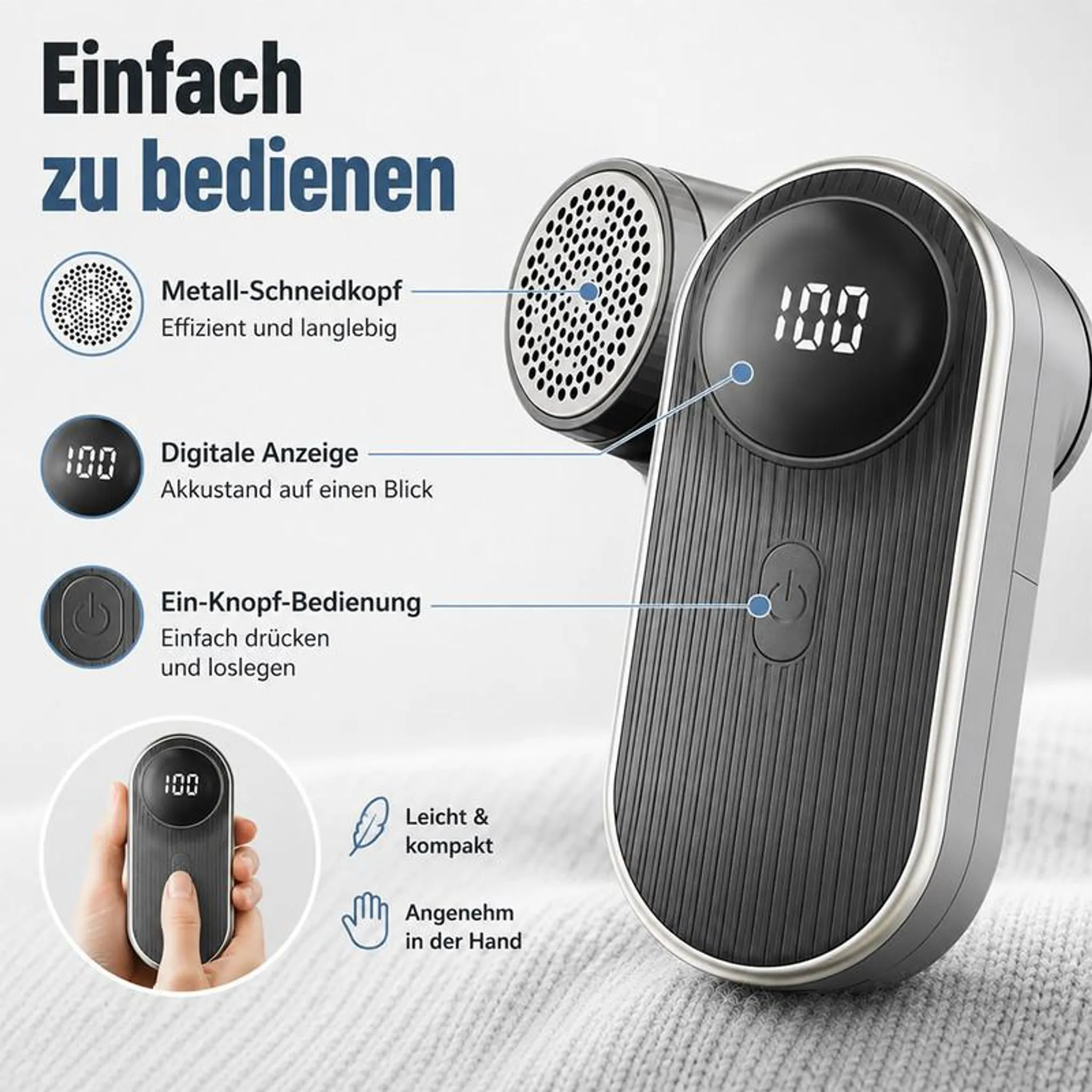 Ein tragbarer Fusselrasierer mit digitalem Display, Metallschneidkopf und One-Touch-Bedienung.
