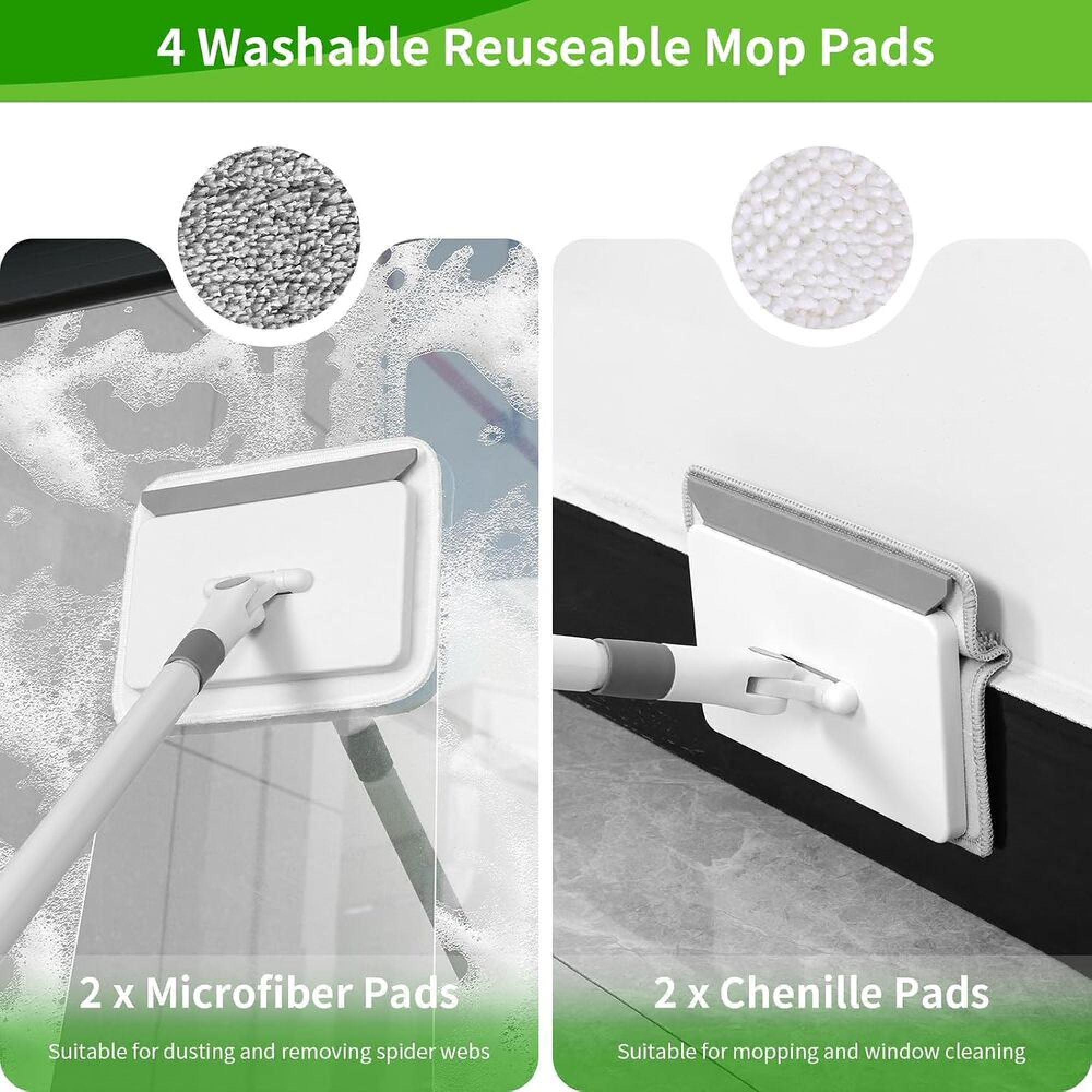 Vier waschbare Wischpads zeigen Mikrofaser- und Chenille-Pads für Fenster- und Staubreinigung.