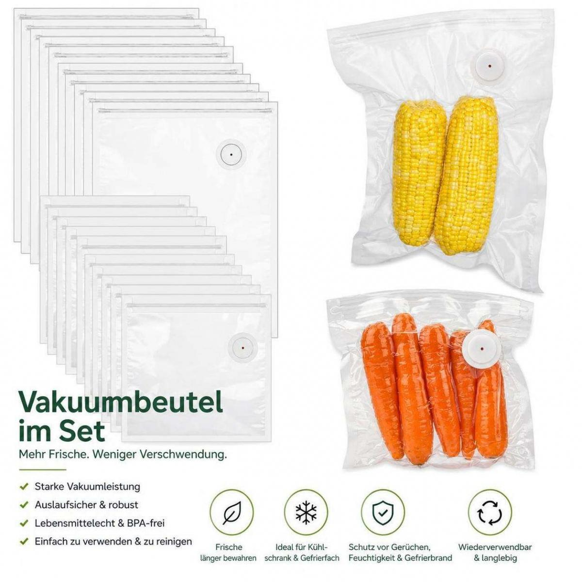 Ein Set wiederverwendbarer Vakuum-Frischebeutel mit Mais und Karotten sowie deutschen Beschreibungen.